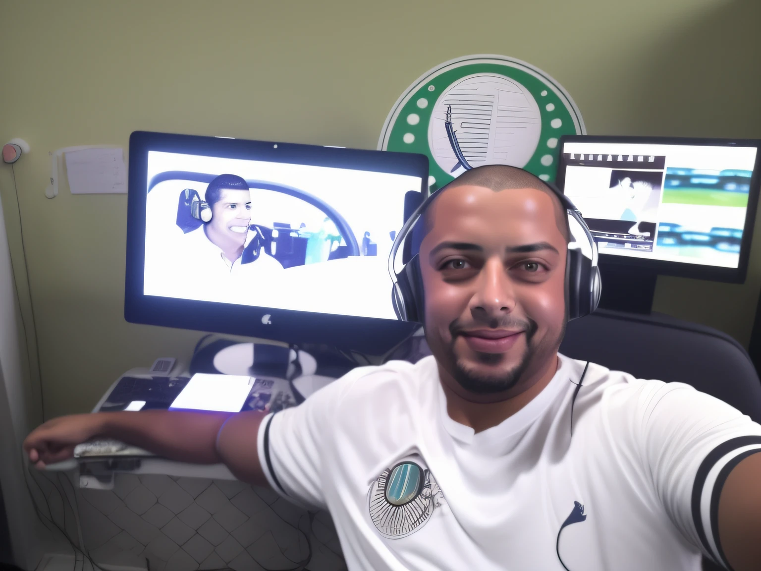 There's a man sitting in front of a computer with headphones on, Ronaldo Luis Nazario de Lima, Emad Mostaque, Mohamed Reda, Maher Morcos |, Mohamed Chahin, Ronaldo Luis Nazario da Lima, Ronaldo Nazario Fenomeno, caio santos, Ronaldo Nazario, Fotografia selfie 8k, gui guimaraes