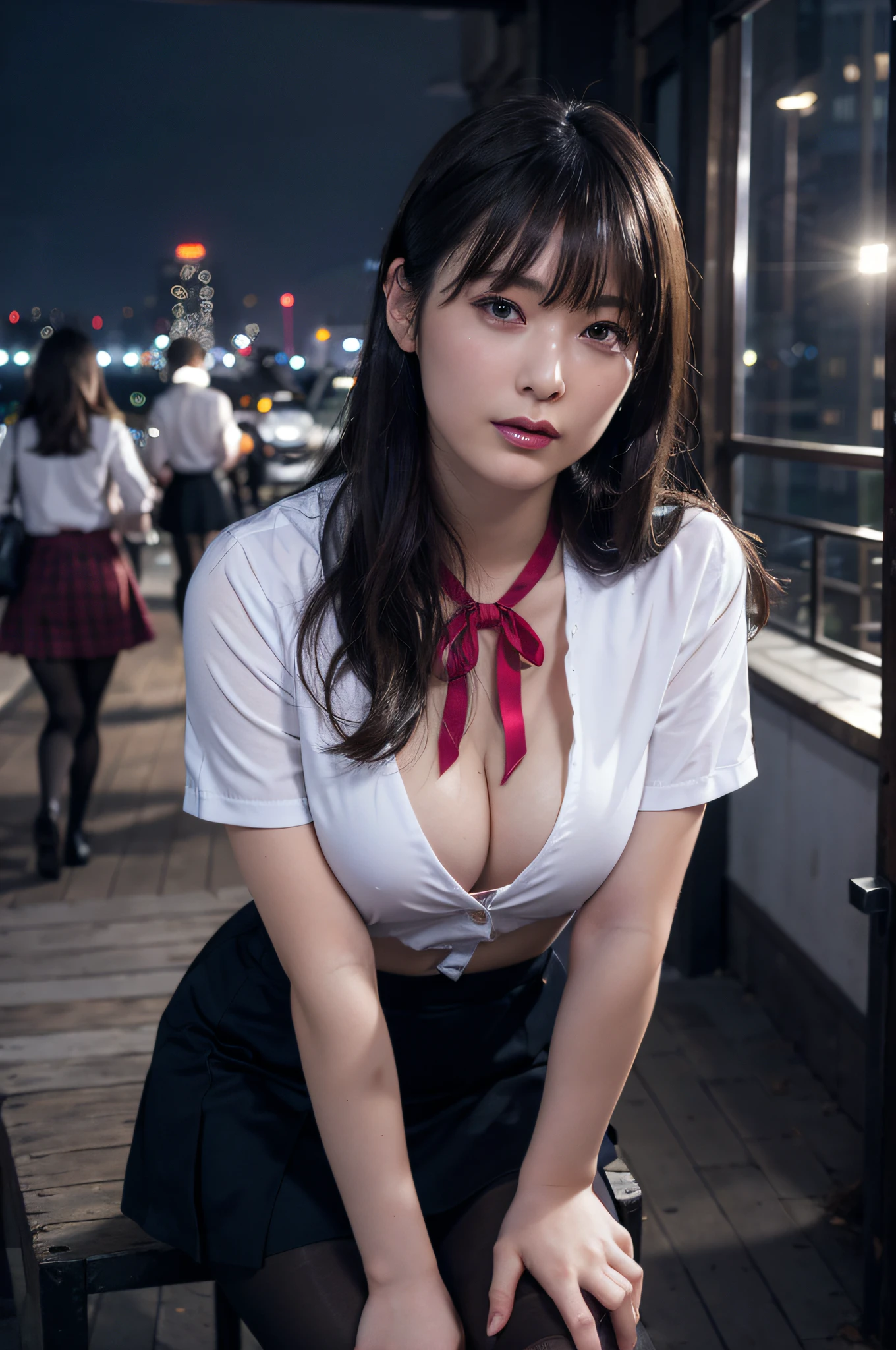 (best quality, masterpiece:1.2), (photorealistic:1.2),(cinematic composition:1.3), ultra high res, cinematic lighting, ambient lighting, sidelighting, Exquisite details and textures, 1woman, mature woman, detailed beautiful breasts, medium_breast, solo, knee shot, standing, perfect detailed beautiful face, Accent Lighting, long hair, hair pulled back, looking at viewer, (from below:0.9), slim body, sitting, detailed face,JK uniform, school unifrom, skirt, black pantyhose, high heel, street, city view, outdoors , shibuya \(tokyo\), shinjuku \(tokyo\), detailed background, depth of field, professional lighting, photon mapping, radiosity, physically-based rendering,
sexually suggestive, cleavage,