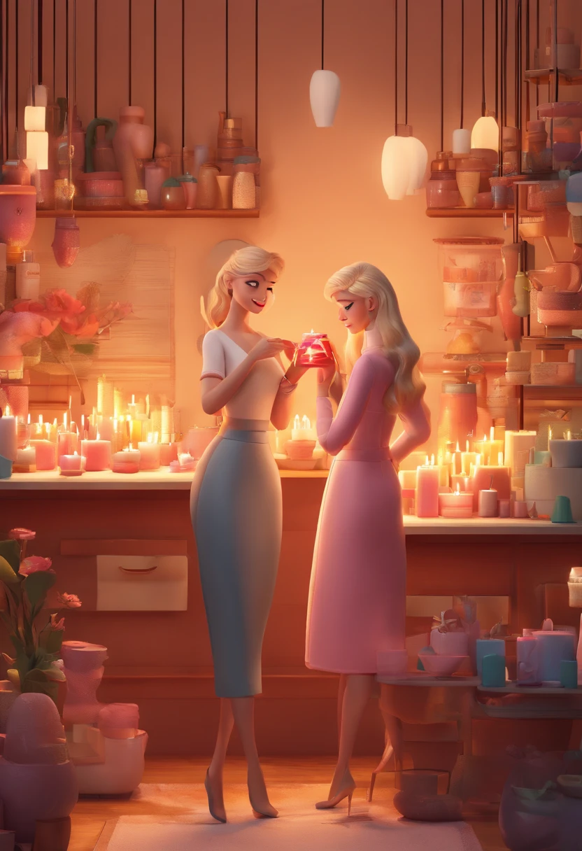 An illustration of a couple of two women, one blonde, the other brunette, making scented candles in her chic and modern atelier . Desenvolva esta arte em Full HD, Focus on your cinematic touch, Estilo Disney Pixar Animations
