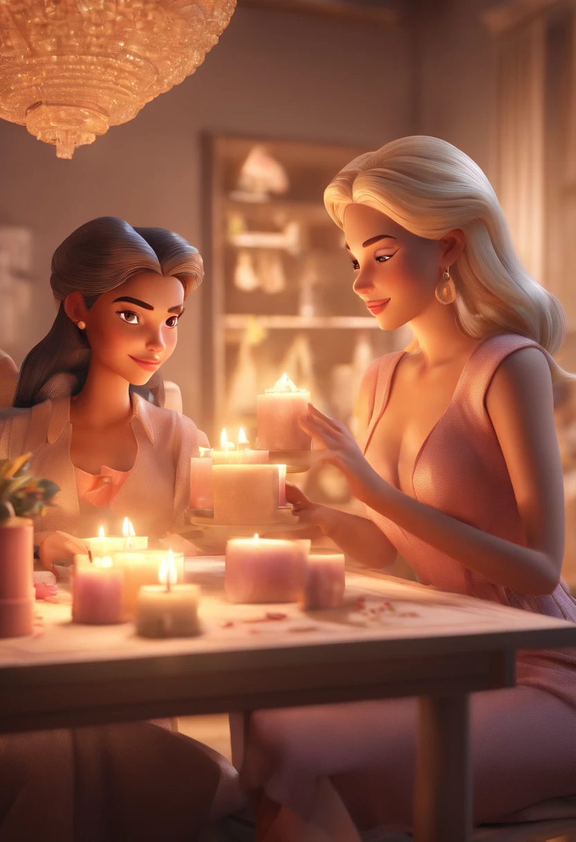 An illustration of a couple of two women, one blonde, the other brunette, making scented candles in her chic and modern atelier . Desenvolva esta arte em Full HD, Focus on your cinematic touch, Estilo Disney Pixar Animations