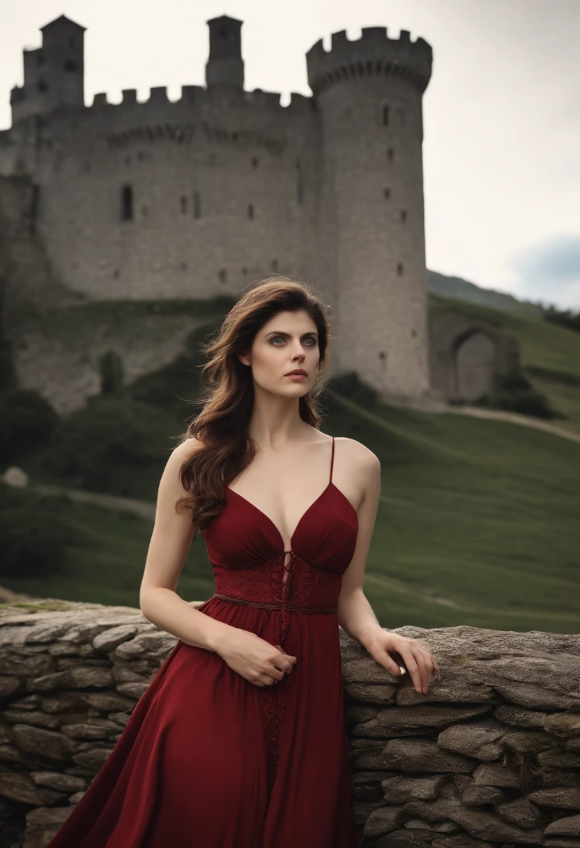 Alexandra Anna Daddario in front of a medieval castle, showing her , perfect eyes, beautiful face nude body undressing