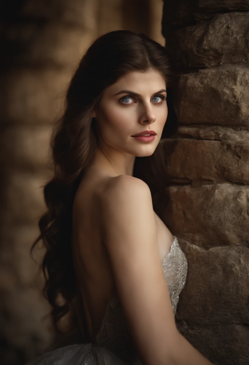 Alexandra Anna Daddario  in front of a medieval castle, showing her , perfect eyes, beautiful face nude body undressing