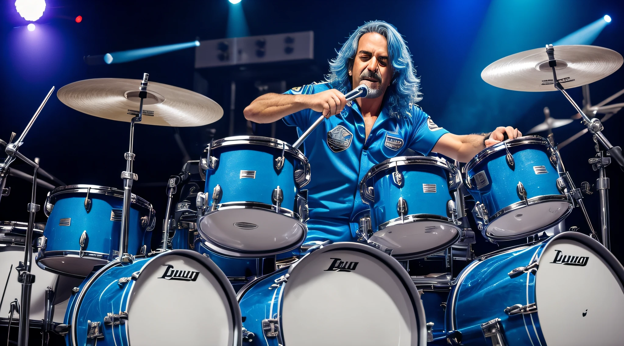 baterista de CABELOS LONGOS LOIRO, uniforme azul tocando bateria em frente a um palco, baterista,