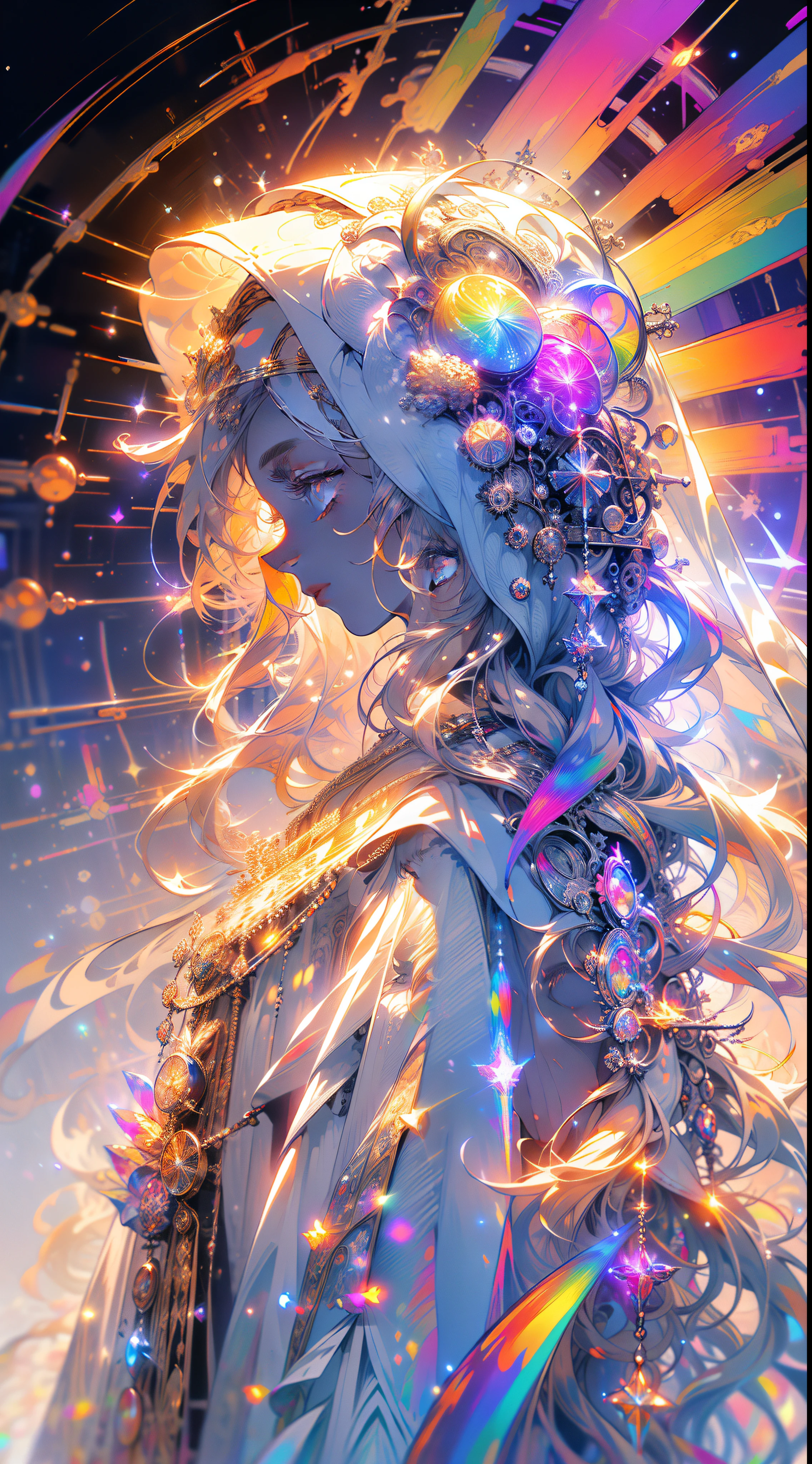 (masterpiece, top quality, best quality, official art, beautiful and aesthetic:1.2), (1girl), extreme detailed, (fractal art:1.3), colorful, highest detailed, perfect face, upper body, HDR, (praying:1.3), (white cloak golden lines:1.2), galaxy, (light streaks), striking visuals, (dynamic streaks, luminous trails:1.2), vibrant colors,