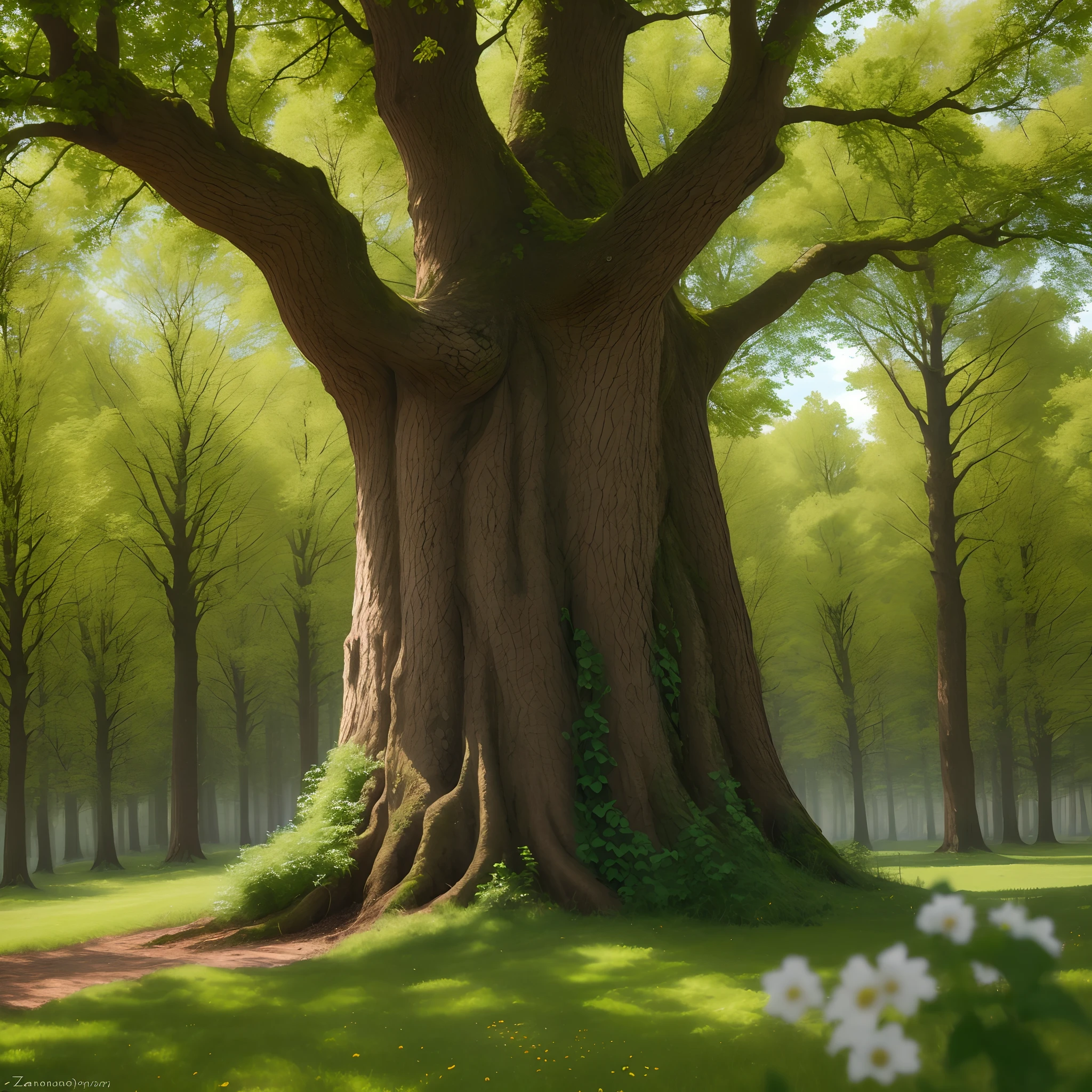 Zeichne einen baum der in einen frisch geschnitten berg aus haaren springt