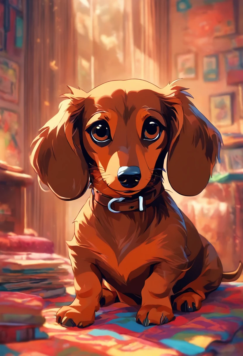 (The whole body is brown:1.8),Dachshund em miniatura marrom,on a couch,looking at the camera,(Shake your head:1.5),biologicamente correto
