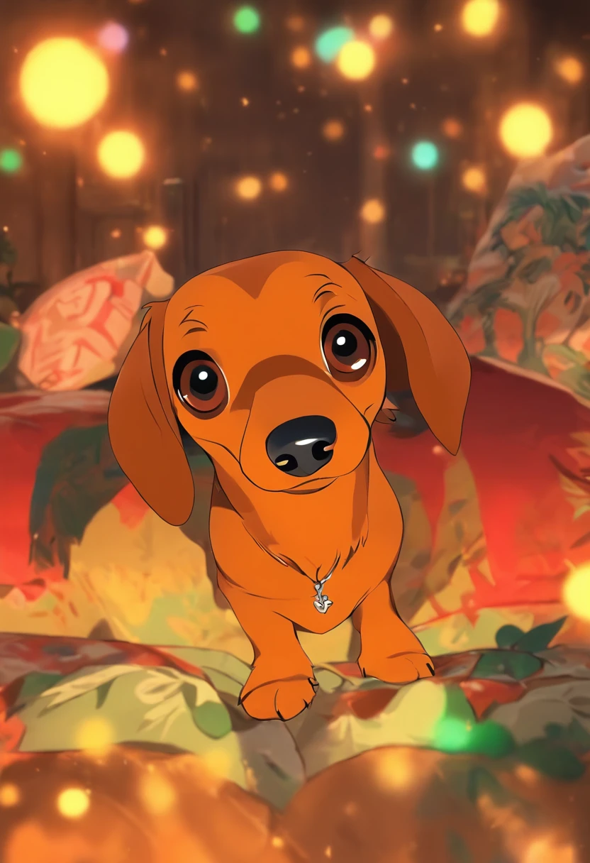 （The whole body is brown：1.8），Dachshund em miniatura marrom，on a couch，looking at the camera，（Shake your head：1.5），biologicamente correto