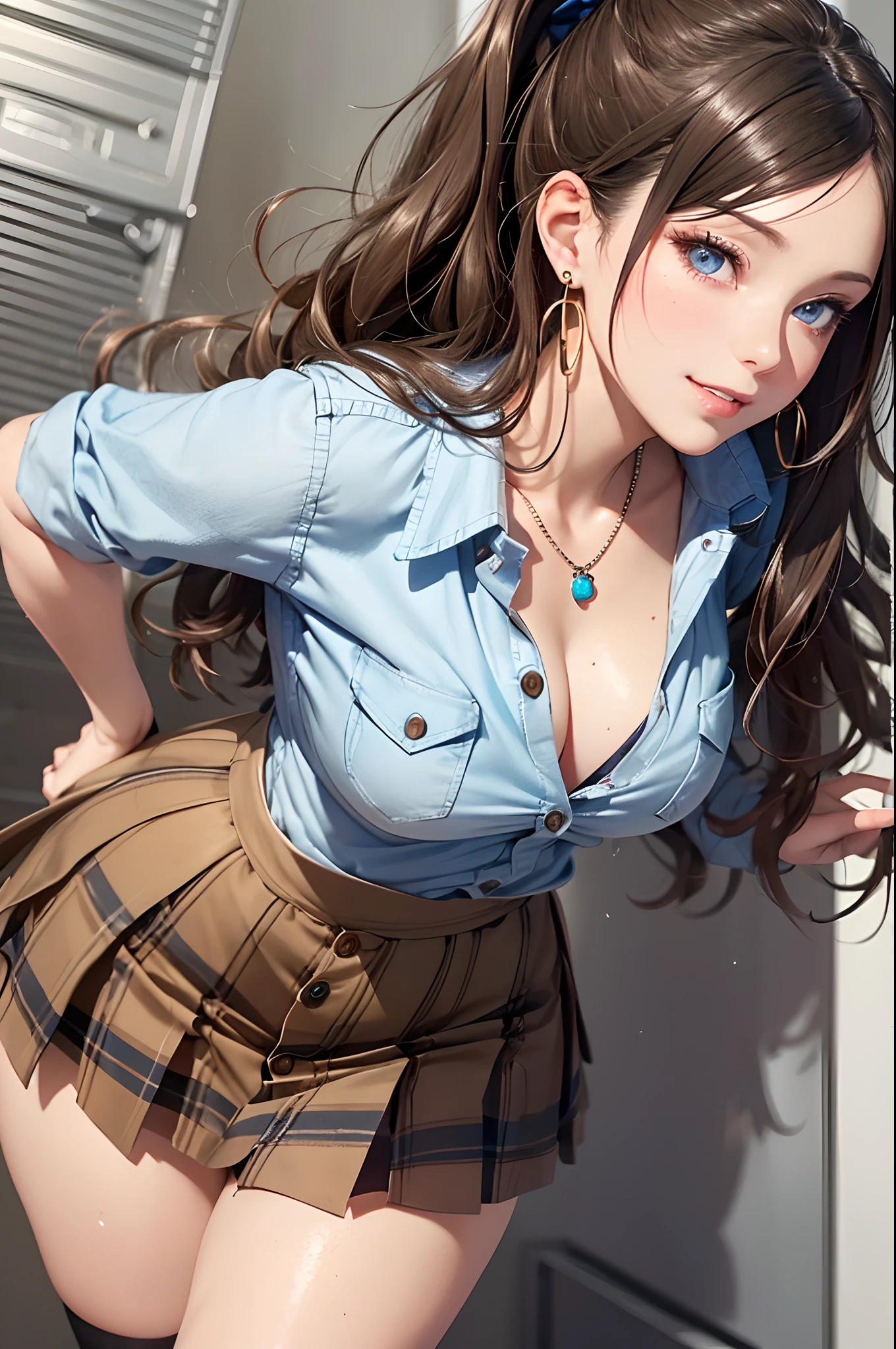 (Masterpiece: 1.3), (Maximum resolution: 1.2), (Ultra HDTV: 1.2), Cinema light, Ultra HDTV, (Detailed eyes and skin), (Detailed facial features), HDR, 8k resolution, Sharp Focus: 1.2, Perfect style, beautiful face, Perfect body, accurate, anatomically correct, highly detailed face and skin texture, detailed eyes, Dark-blue eyes, double eyelids, thin eyebrows, glitter eyeliner: 1.2, natural cheeks, glossy skin, fair skin: 1.2, shiny little necklace and earrings, (glossy lips: 1.4), BREAK, first-person-view, (she is very Cute high school student), (Wearing a Button up shirt, pleated mini skirt, Navy tie, high socks), (seductive smile: 1.2), ((Innocent and Cute girl:1.3)), (side-Ponytail Hairstyle, wavy hair), (Light-brown hair:1.2), medium long hair, (Cowboy shot: 1.2), BREAK, ((Very intimate relationships: 1.2)), medium large breasts, ((Looking at viewer:1.2)), ((She's unbuttoning her shirt..:1.6)), ((In the Extreme narrow school changing room:1.2)), (from side:1.2),, (wide hips:1.5), (thick thighs:1.5), (big buttock:1.5)