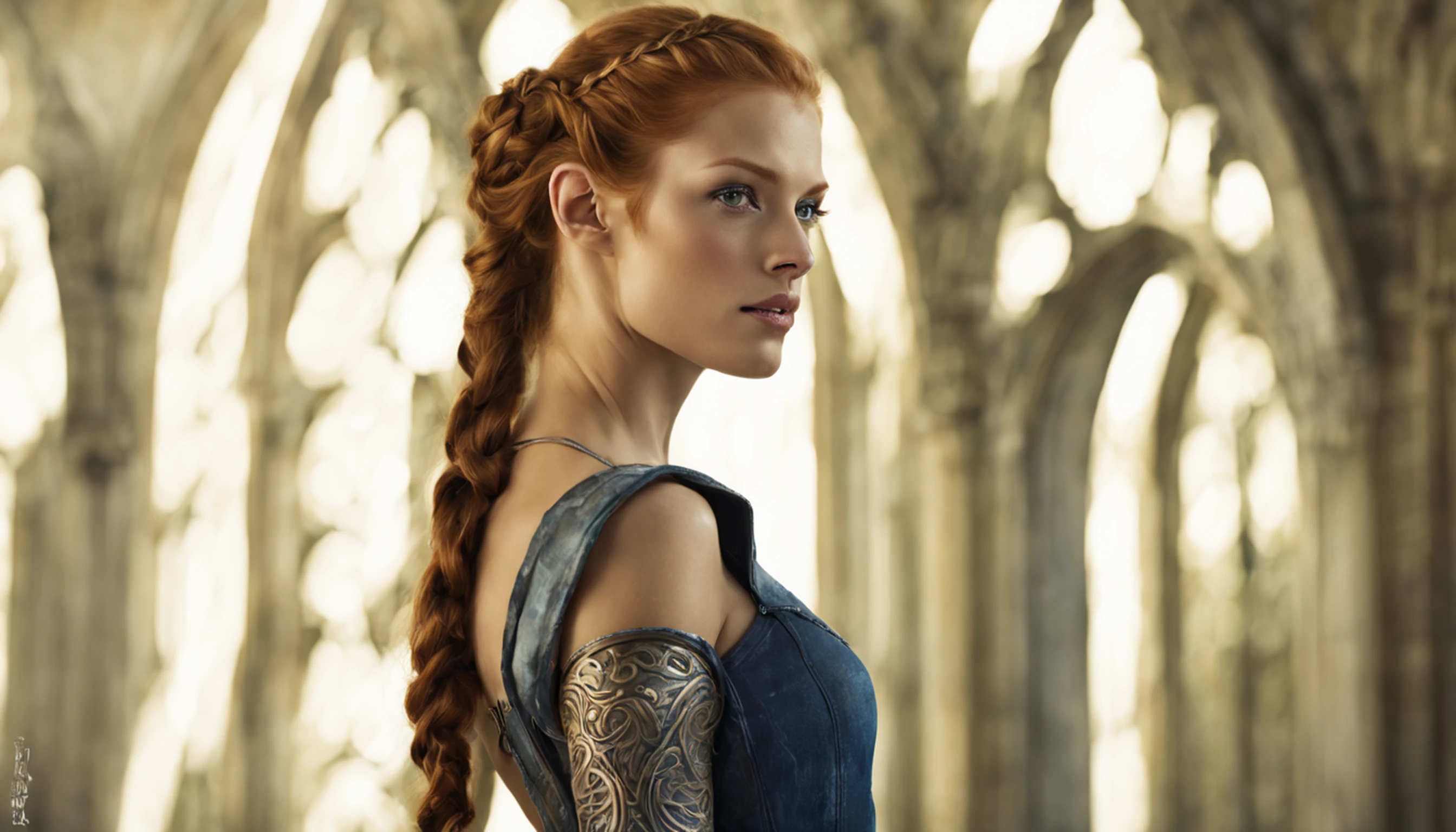 Alyssa Sutherland como uma ruiva MYTHOLOGICAL ELFA usando jeans ( tight jeans ), jaqueta blue jeans, detalhes dourados, longos braceletes, cinto vermelho, golden armlets, coxas torneadas, strong facial expression, look at the camera, olhos claros, Long red braided hair, ORELHAS DE ELFO GRANDES, Large elf ears joined from the head, ELF EARS clearly visible, orelhas de ELFO expostas sob os cabelos, Curvilinear athletic body, musculatura definida, Mulher Destemida, Body position of greatness, perspectiva de corpo inteiro, Vista lateral do corpo, castelo medieval, cavalo, Imagem 64K altamente detalhada