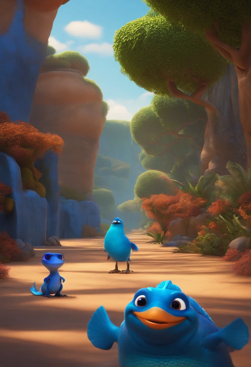 3D estilo pixar, com celular azul , no meio das dunas e lagoas