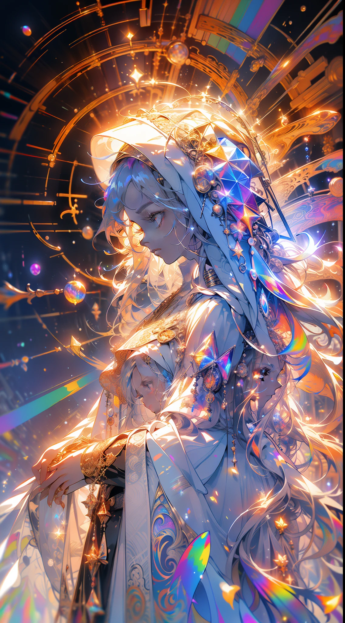 (masterpiece, top quality, best quality, official art, beautiful and aesthetic:1.2), (1girl), extreme detailed, (fractal art:1.3), colorful, highest detailed, perfect face, upper body, HDR, (praying:1.3), (white cloak golden lines:1.2), galaxy, (light streaks), striking visuals, (dynamic streaks, luminous trails:1.2), vibrant colors,