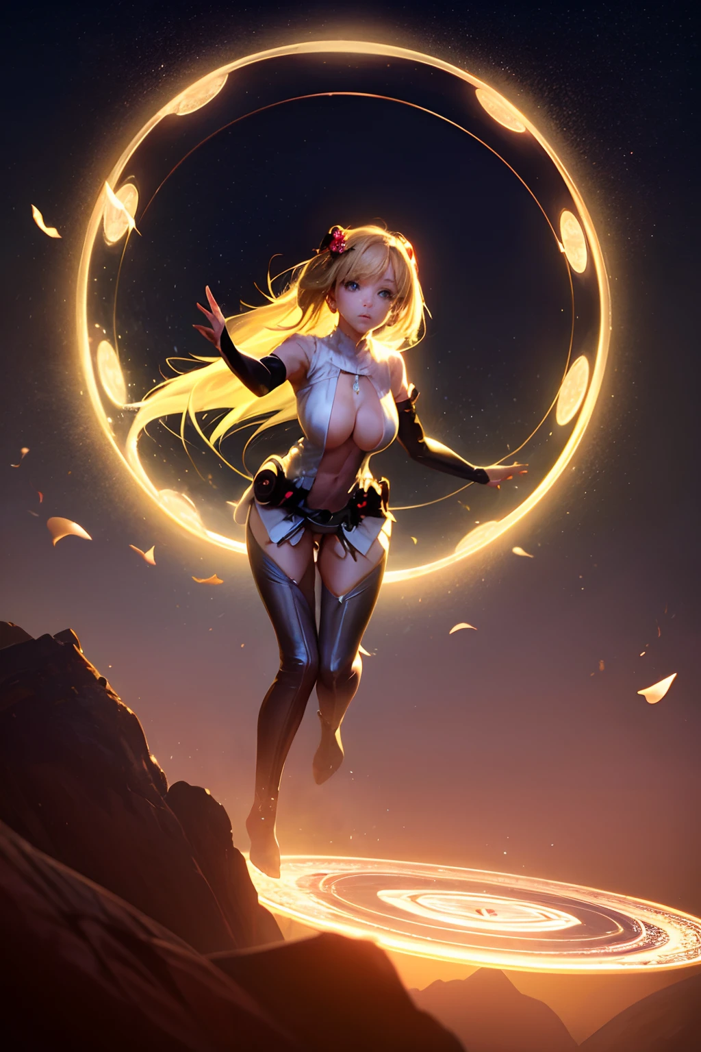 (Obra maestra:1.2), (La mejor calidad:1.2), Perfect lighting, Chica Maga Oscura lanzando un hechizo, flotando en el aire, Levitating over a magic circle , Portal de Circle, tetas grandes, escote abierto, fondo de magia. Pose sejustiva y sexy