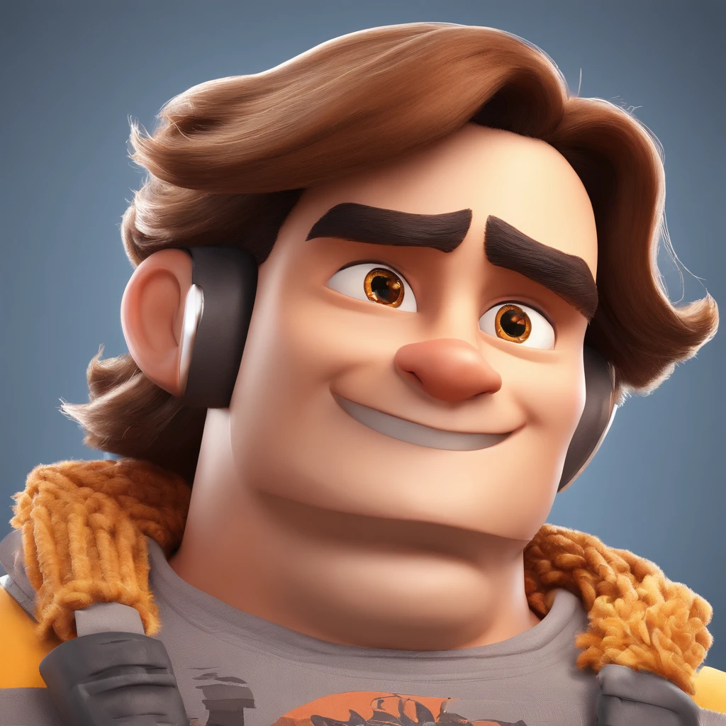 Criar um personagem no estilo Pixar. Trata-se de um homem de 28 anos, com barba, sorridente Moreno, com cabelos pretos curtos, e olhos castanhos claro. He's wearing a shiny silver cord, Trabalhar como designer