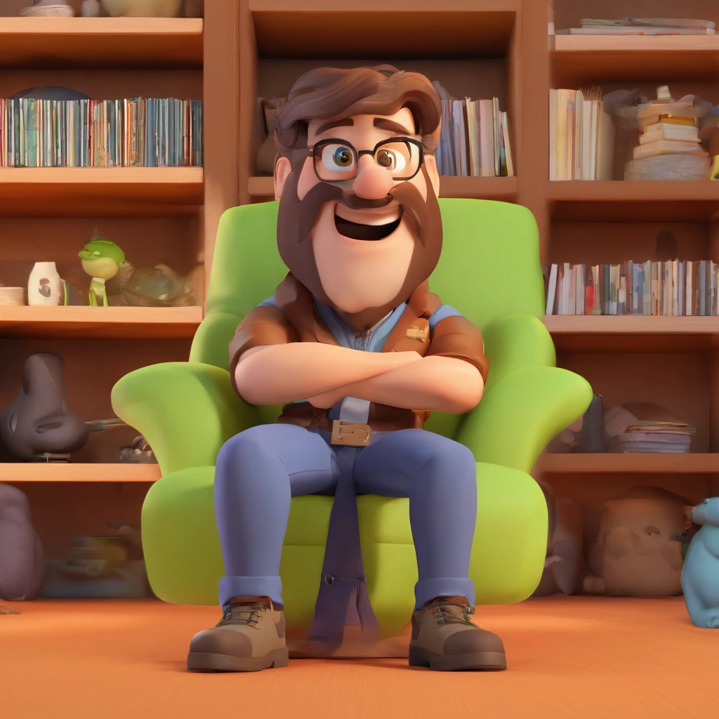 Criar um personagem no estilo Pixar. Trata-se de um homem de 28 anos, com barba, sorridente Moreno, com cabelos pretos curtos, e olhos castanhos claro. He's wearing a shiny silver cord, Trabalhar como designer