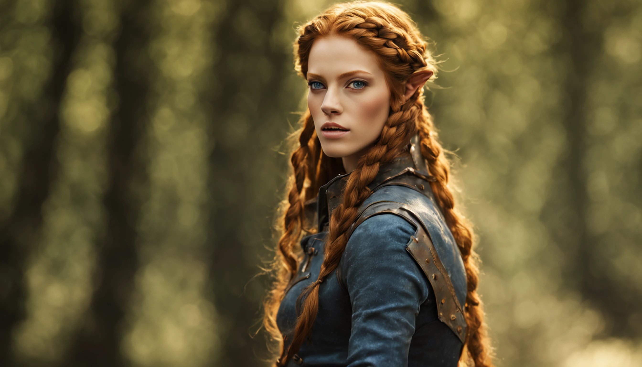 Alyssa Sutherland como uma ruiva MYTHOLOGICAL ELFA usando jeans ( tight jeans ), jaqueta blue jeans, detalhes dourados, longos braceletes, cinto vermelho, golden armlets, coxas torneadas, strong facial expression, look at the camera, olhos claros, Long red braided hair, ORELHAS DE ELFO GRANDES, Large elf ears joined from the head, ELF EARS clearly visible, orelhas de ELFO expostas sob os cabelos, Curvilinear athletic body, musculatura definida, Mulher Destemida, Body position of greatness, perspectiva de corpo inteiro, Vista lateral do corpo, castelo medieval, cavalo, Imagem 64K altamente detalhada