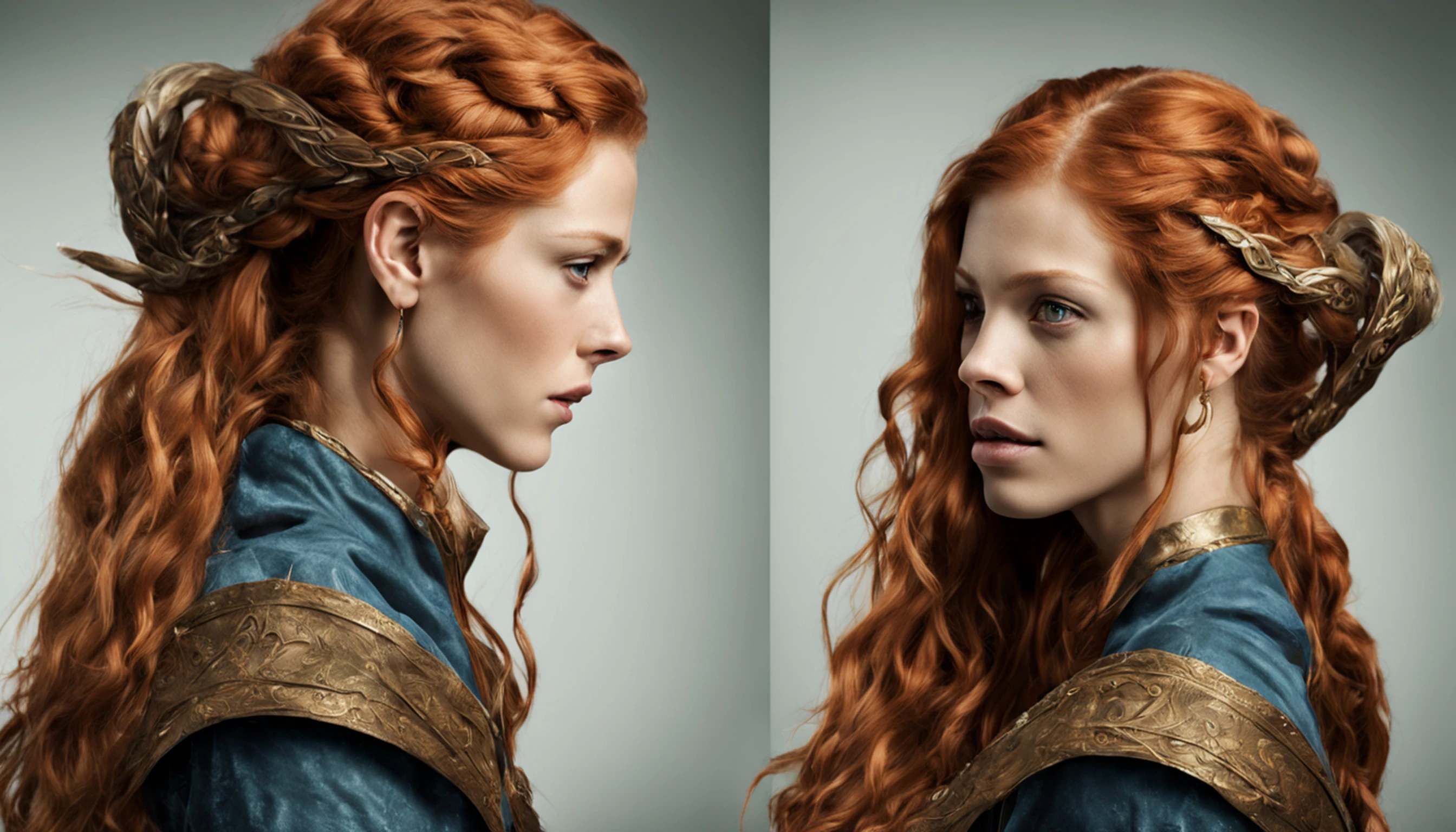 Alyssa Sutherland como uma ruiva MYTHOLOGICAL ELFA usando jeans ( tight jeans ), jaqueta blue jeans, detalhes dourados, longos braceletes, cinto vermelho, golden armlets, coxas torneadas, strong facial expression, look at the camera, olhos claros, Long red braided hair, ORELHAS DE ELFO GRANDES, Large elf ears joined from the head, ELF EARS clearly visible, orelhas de ELFO expostas sob os cabelos, Curvilinear athletic body, musculatura definida, Mulher Destemida, Body position of greatness, perspectiva de corpo inteiro, Vista lateral do corpo, castelo medieval, cavalo, Imagem 64K altamente detalhada