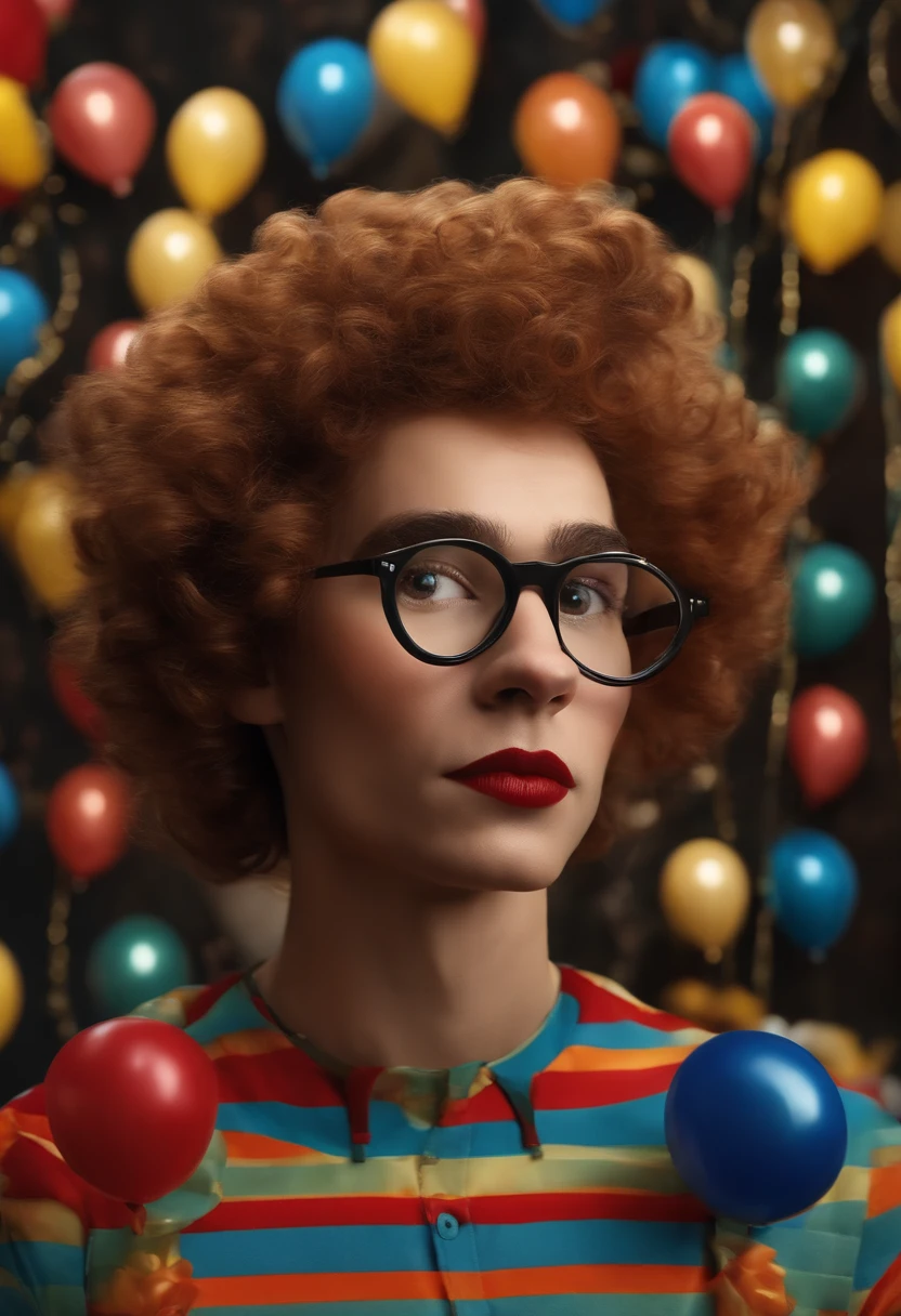 Um filme inspirado na Disney Pixar (Clown negro com nariz de palhaco em um circo JOVEM COM CABELO LISO ) dentro A cena estar na arte distinta do estilo PIXAR, Cool being a balloon maker, Um HOMEM ELEGANTE de 30 anos, 60 quilos, Medium brown curly and long hair with golden blonde tips wearing glasses, in a balloon workshop