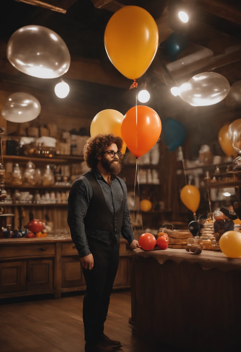 Um filme inspirado na Disney Pixar (Clown negro com nariz de palhaco em um circo JOVEM COM CABELO LISO ) dentro A cena estar na arte distinta do estilo PIXAR, Cool being a balloon maker, Um HOMEM ELEGANTE de 30 anos, 60 quilos, Medium brown curly and long hair with golden blonde tips wearing glasses, in a balloon workshop