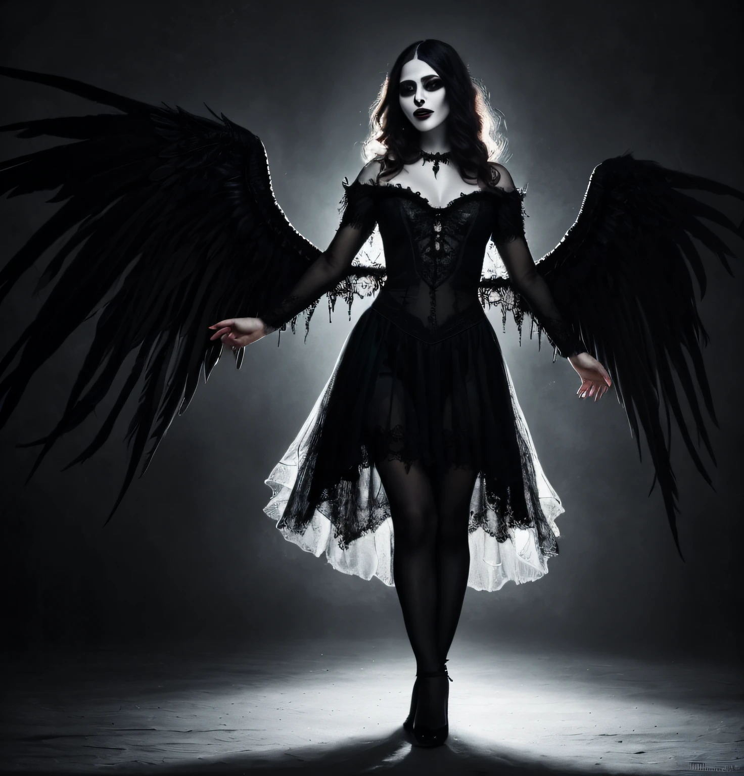 (best quality,4k,8k,highres,masterpiece:1.2),ultra-detailed,(realistic,photorealistic,photo-realistic:1.37),dark enchanted fairy,floating in the air,black clothes,black wings,standing in various poses,always wearing the same outfit,detailed eyes with long eyelashes,pale skin,expressive face,evil grin,black lipstick,sinister atmosphere,gothic style,dark magical aura,shadows dancing around her,vivid colors,richly textured wings,mysterious glow surrounding her,contrasting light and shadow,ethereal beauty