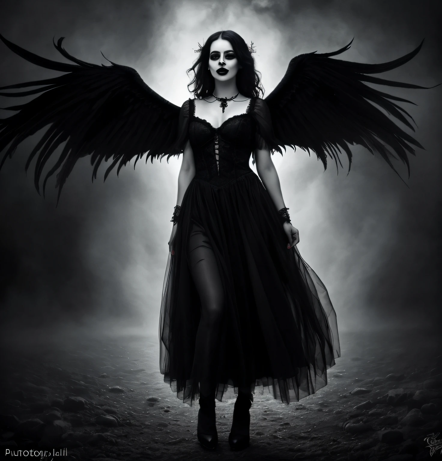 (best quality,4k,8k,highres,masterpiece:1.2),ultra-detailed,(realistic,photorealistic,photo-realistic:1.37),dark enchanted fairy,floating in the air,black clothes,black wings,standing in various poses,always wearing the same outfit,detailed eyes with long eyelashes,pale skin,expressive face,evil grin,black lipstick,sinister atmosphere,gothic style,dark magical aura,shadows dancing around her,vivid colors,richly textured wings,mysterious glow surrounding her,contrasting light and shadow,ethereal beauty
