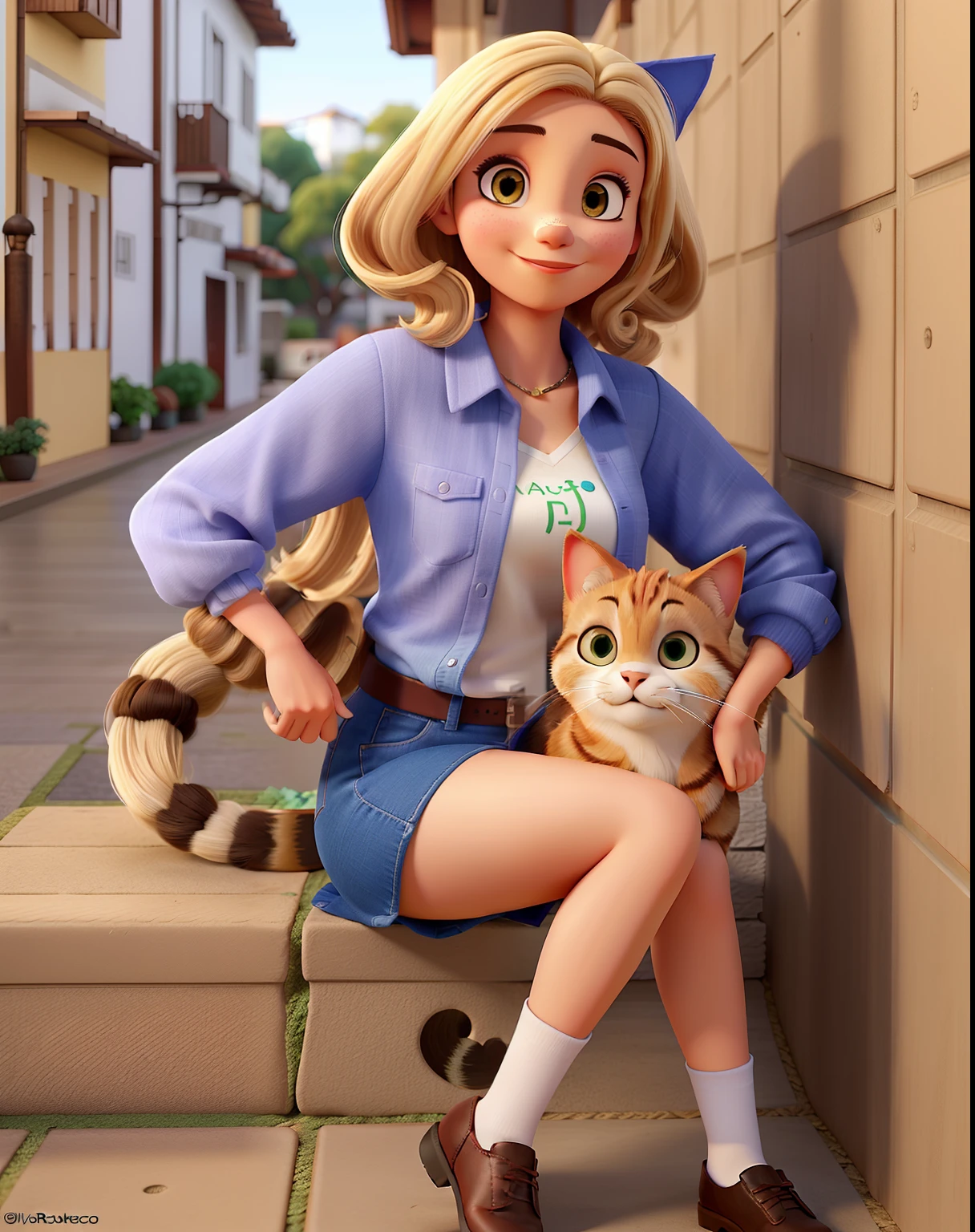 Beautiful woman, 37 anos, cabelo loiro liso, olhos castanhos escuros, vestindo uma roupa de academia com um gato desenhado nela