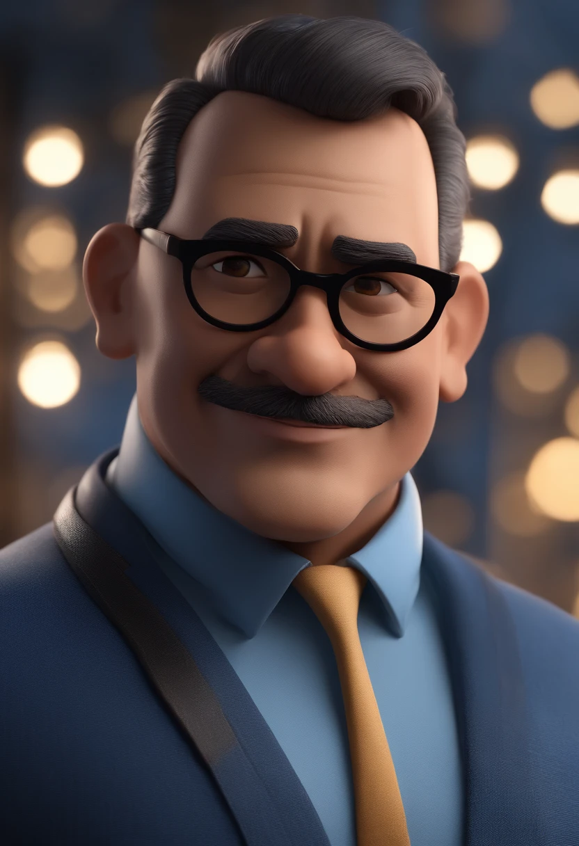 Cartoon character of a man with black glasses and a blue shirt, animation character, Caractere estilizado, animation style rendering, 3D estilizado, Arnold Maya render, 3 d render stylized, toon render keyshot, Personagem 3D, Personagem 3D, 3d rendering stylized, 3 d character render, personagem de desenho animado, Personagem de close up, Pose de personagem,  (Estilo Pixar) (master part:1.2) (Bokeh) (best quality) (pele detalhada) (textura detalhada) (8k) (argila) (Cinematic lighting) (foco nítido