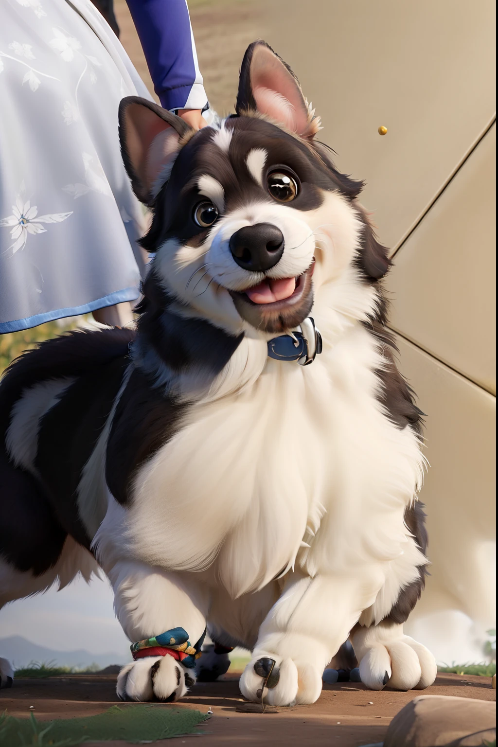 Cadela Lhasa Apso marrom com preto em um parque brincando com outros cachorros e animais.