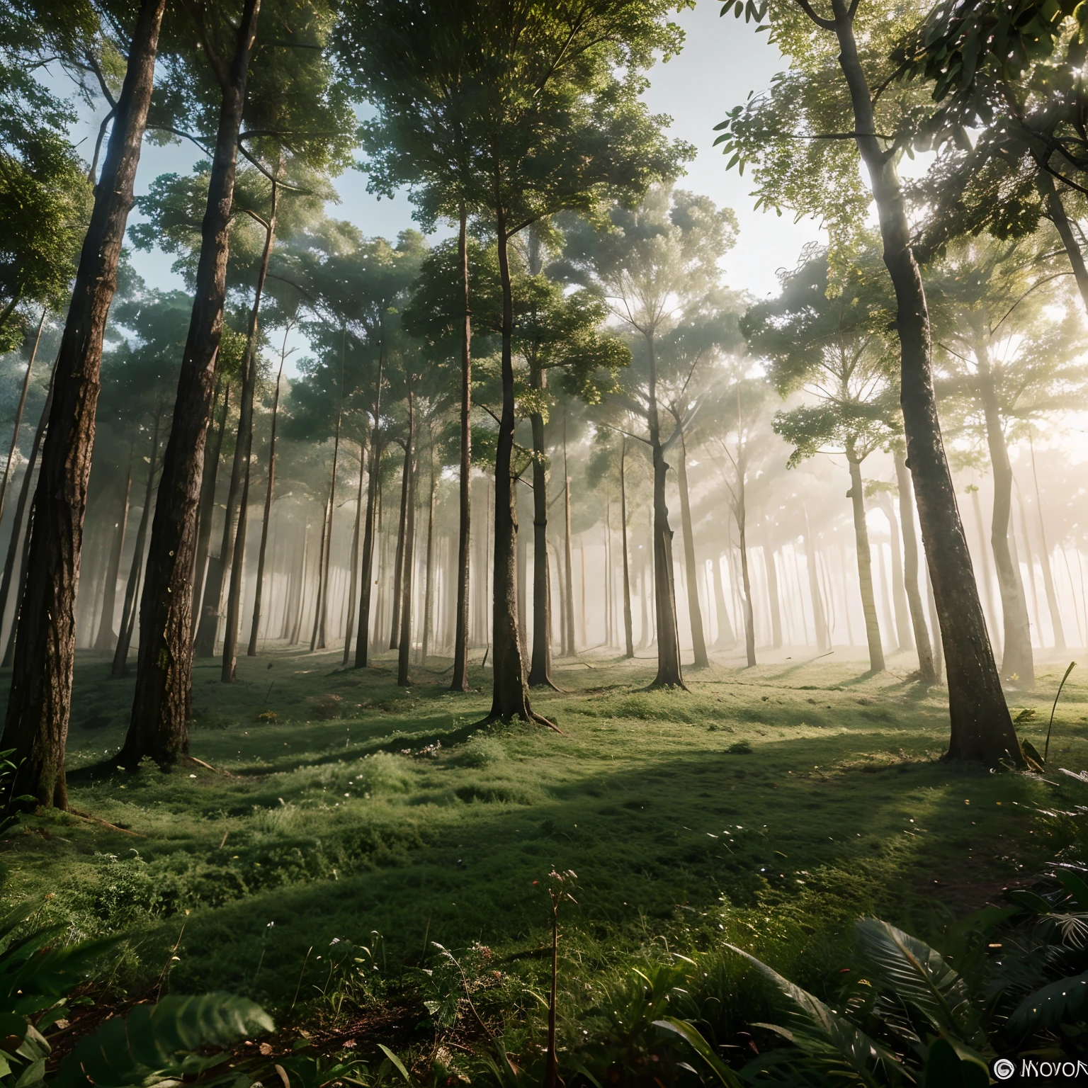 Crie para mim uma floresta com neblina meio escura com arvores que passa uma vibe de tranquilidade ultra realista