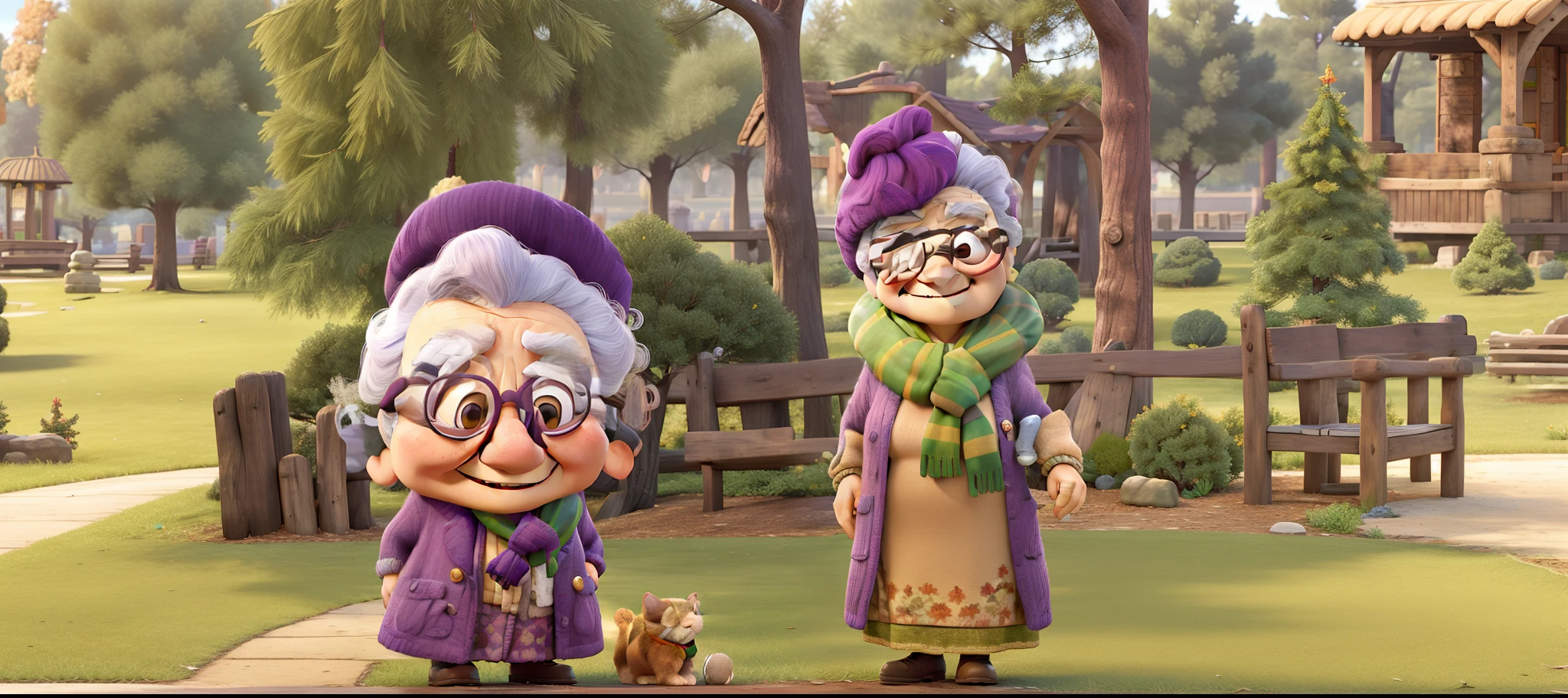 masterpiece, best quality, an old woman with glasses and a scarf on, wearing a purple coat and green scarf, standing at the park