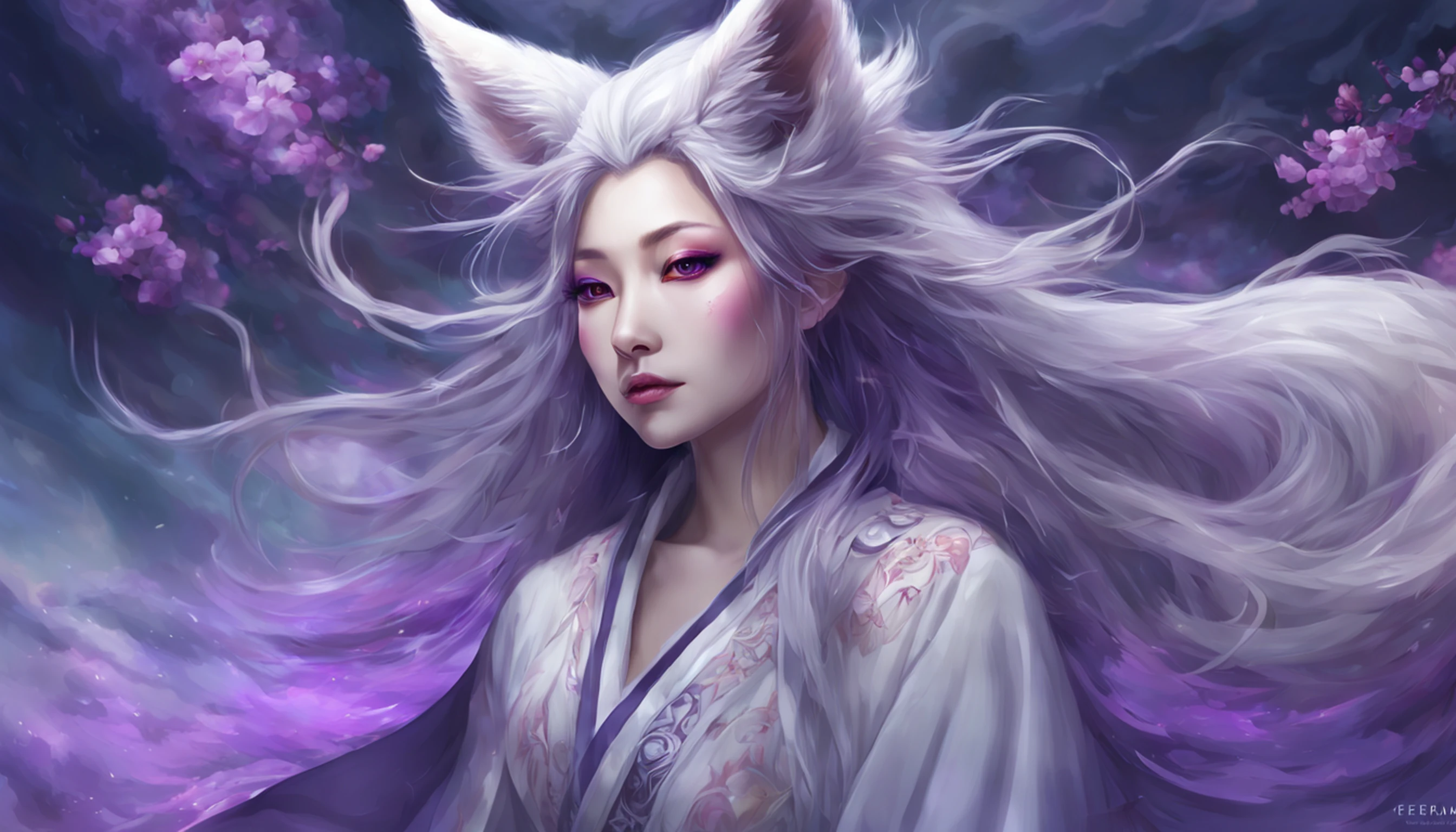 Beautiful and ethereal vixen dressed in flowing white Chinese robes。The image captures fox spirits in the dark sea of the netherworld,It is surrounded by purple gas and faint clouds。Use Midjourney's advanced brush tools to create intricate folds and textures on vixen's robes and hair,And experiment with different color palettes and brushstrokes to bring out the ethereal quality of the scene。The image of the fox spirit is sometimes obscured by the purple qi around it,It also enhances the beauty of the vixen,Make the scene full of mystery and fascination。Aproveite as poderosas ferramentas do Midjourney,You can bring this captivating and ethereal scene to life with incredible detail and beauty。 HDR,(Realismo,qualidade da obra-prima,melhor qualidade),,Pureerosface_v1,Urzang-6500-v1 version.1,