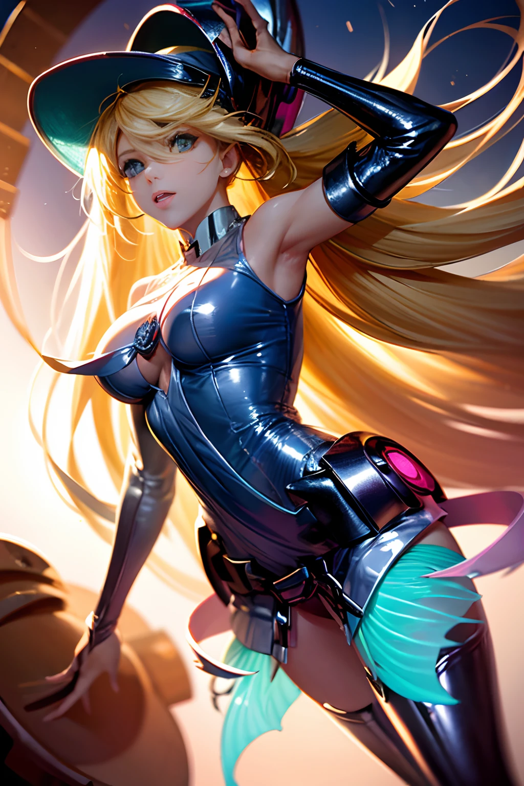 (Obra maestra:1.2), (La mejor calidad:1.2), Perfect lighting, Chica Maga Oscura lanzando un hechizo, flotando en el aire, tetas grandes, escote, fondo de magia. Corazones transparente en el hambiente, blue robe, sombrero grande, desde arriba, Destellos, Yugioh Card en el fondo
