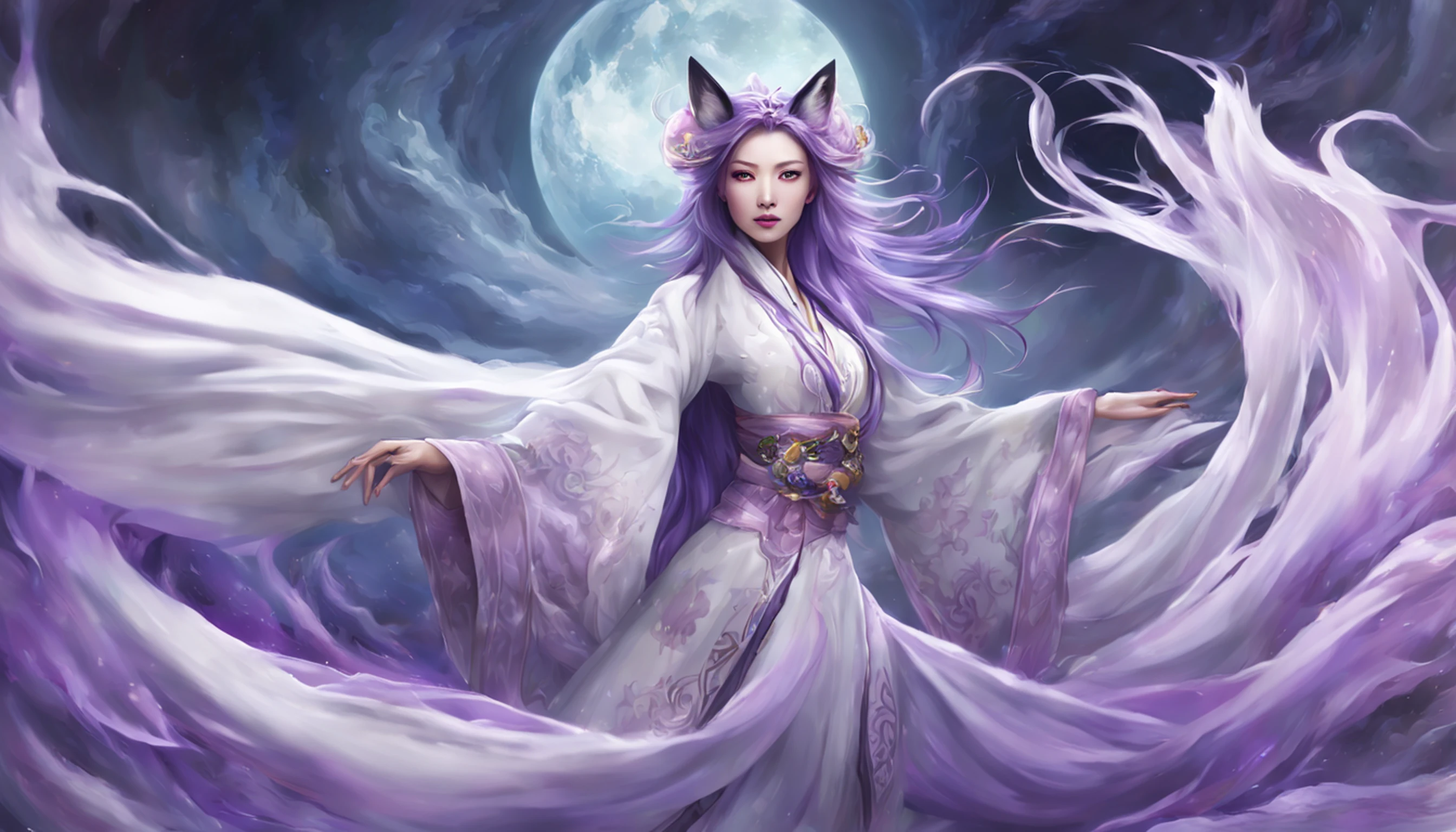 Beautiful and ethereal vixen dressed in flowing white Chinese robes。The image captures fox spirits in the dark sea of the netherworld，It is surrounded by purple gas and faint clouds。Use Midjourney's advanced brush tools to create intricate folds and textures on vixen's robes and hair，And experiment with different color palettes and brushstrokes to bring out the ethereal quality of the scene。The image of the fox spirit is sometimes obscured by the purple qi around it，It also enhances the beauty of the vixen，Make the scene full of mystery and fascination。Aproveite as poderosas ferramentas do Midjourney，You can bring this captivating and ethereal scene to life with incredible detail and beauty。 HDR，（Realismo，qualidade da obra-prima，melhor qualidade），，Pureerosface_v1，Urzang-6500-v1 version.1，