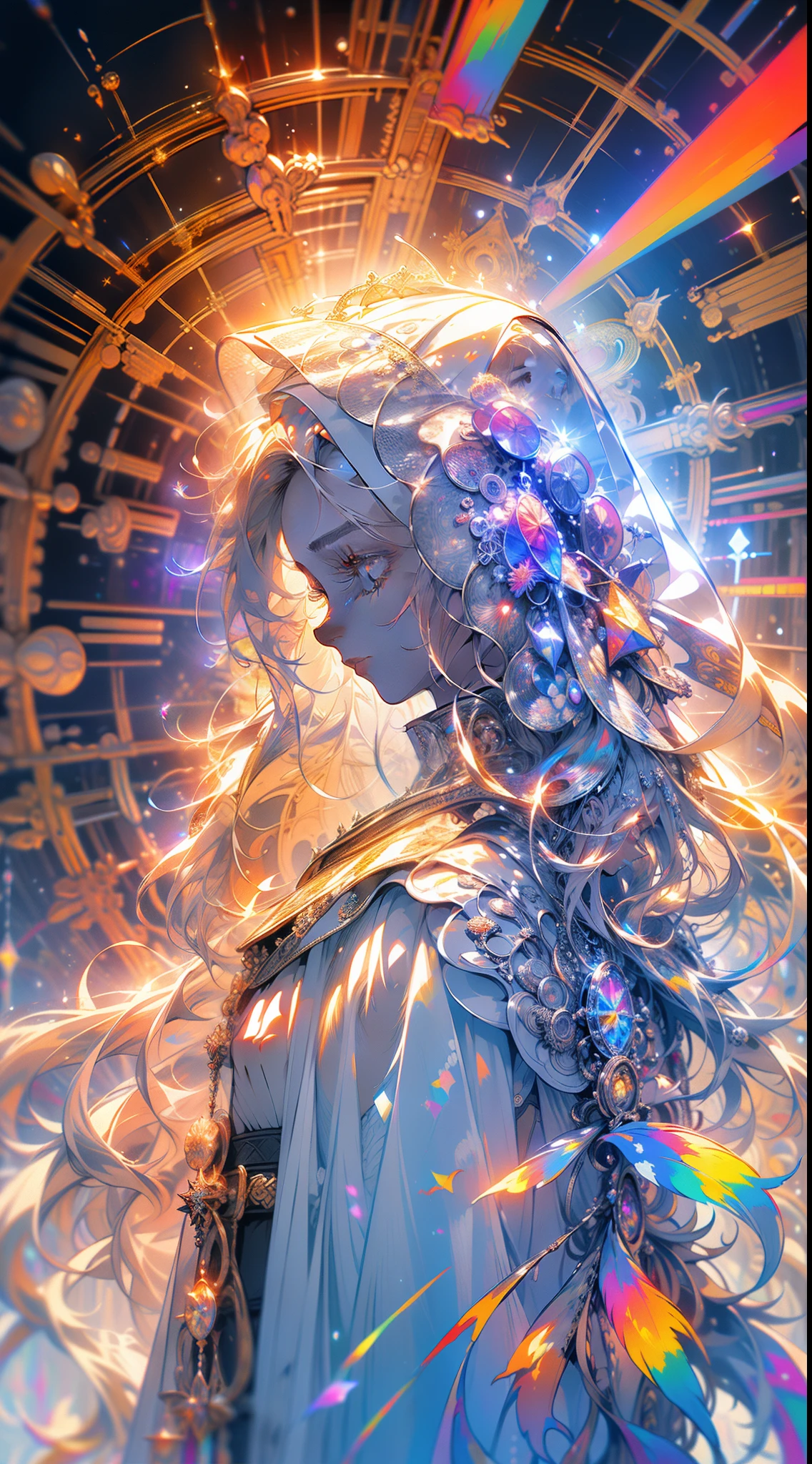 (masterpiece, top quality, best quality, official art, beautiful and aesthetic:1.2), (1girl), extreme detailed, (fractal art:1.3), colorful, highest detailed, perfect face, upper body, HDR, (praying:1.3), (white cloak golden lines:1.2), galaxy, (light streaks), striking visuals, (dynamic streaks, luminous trails:1.2), vibrant colors,