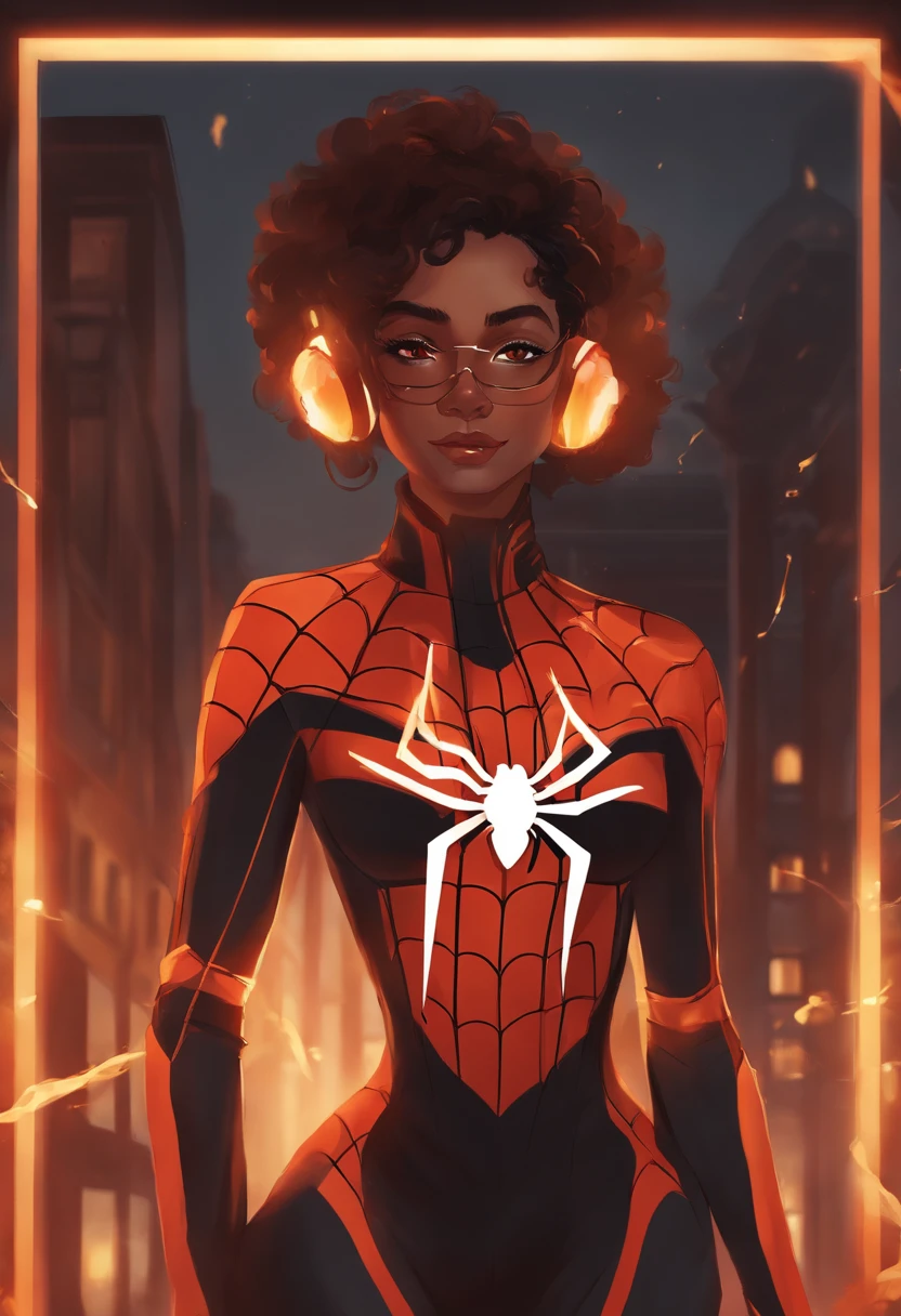 spidersona, fire-themed, suit with warm colors, black hair