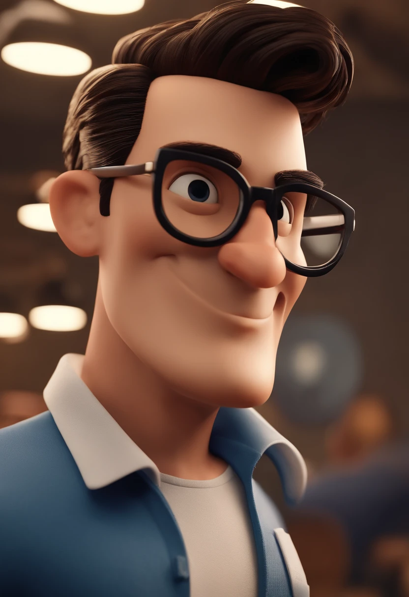 Cartoon character of a man with black glasses and a blue shirt, animation character, Caractere estilizado, animation style rendering, 3D estilizado, Arnold Maya render, 3 d render stylized, toon render keyshot, Personagem 3D, Personagem 3D, 3d rendering stylized, 3 d character render, personagem de desenho animado, Personagem de close up, Pose de personagem,  (Estilo Pixar) (master part:1.2) (Bokeh) (best quality) (pele detalhada) (textura detalhada) (8k) (argila) (Cinematic lighting) (foco nítido