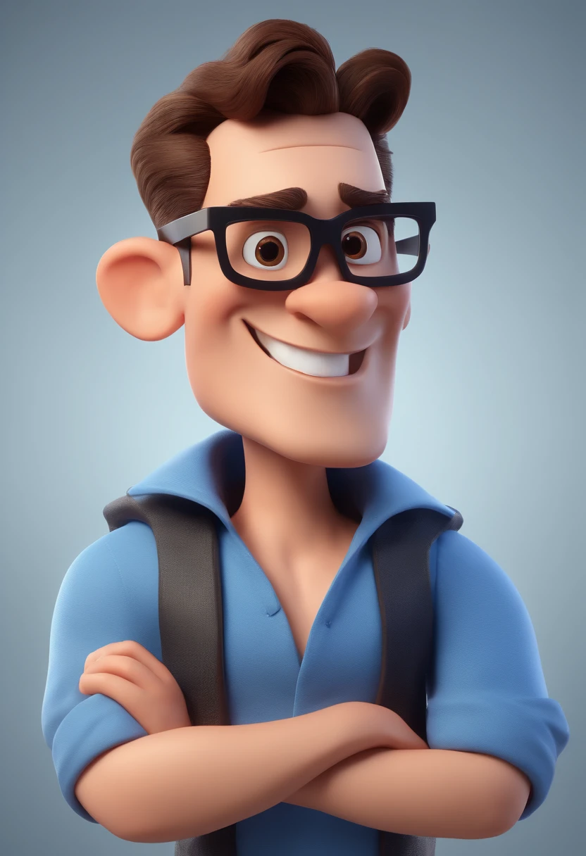 Cartoon character of a man with black glasses and a blue shirt, animation character, Caractere estilizado, animation style rendering, 3D estilizado, Arnold Maya render, 3 d render stylized, toon render keyshot, Personagem 3D, Personagem 3D, 3d rendering stylized, 3 d character render, personagem de desenho animado, Personagem de close up, Pose de personagem, (Estilo Pixar) (master part:1.2) (Bokeh) (best quality) (pele detalhada) (textura detalhada) (8k) (argila) (Cinematic lighting) (foco nítido