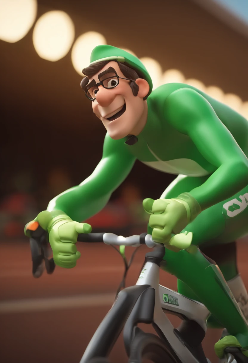 Personagem de desenho animado de um homem usando camisa apertada de ciclismo verde, um personagem animado, Caractere estilizado, animation style rendering, 3D estilizado, Arnold Maya render, 3 d render stylized, toon render keyshot, Personagem 3D, Personagem 3D, 3d rendering stylized, 3 d character render, personagem de desenho animado, Personagem de close up, Pose de personagem, (Estilo Pixar) (master part:1.2) (Bokeh) (best quality) (pele detalhada) (textura detalhada) (8k) (argila) (Cinematic lighting) (foco nítido,Senta e vaza a parte superior do corpo