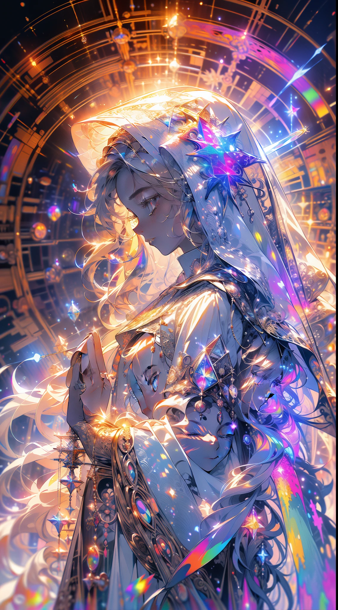 (masterpiece, top quality, best quality, official art, beautiful and aesthetic:1.2), (1girl), extreme detailed, (fractal art:1.3), colorful, highest detailed, perfect face, upper body, HDR, (praying:1.3), (white cloak golden lines:1.2), galaxy, (light streaks), striking visuals, (dynamic streaks, luminous trails:1.2), vibrant colors,