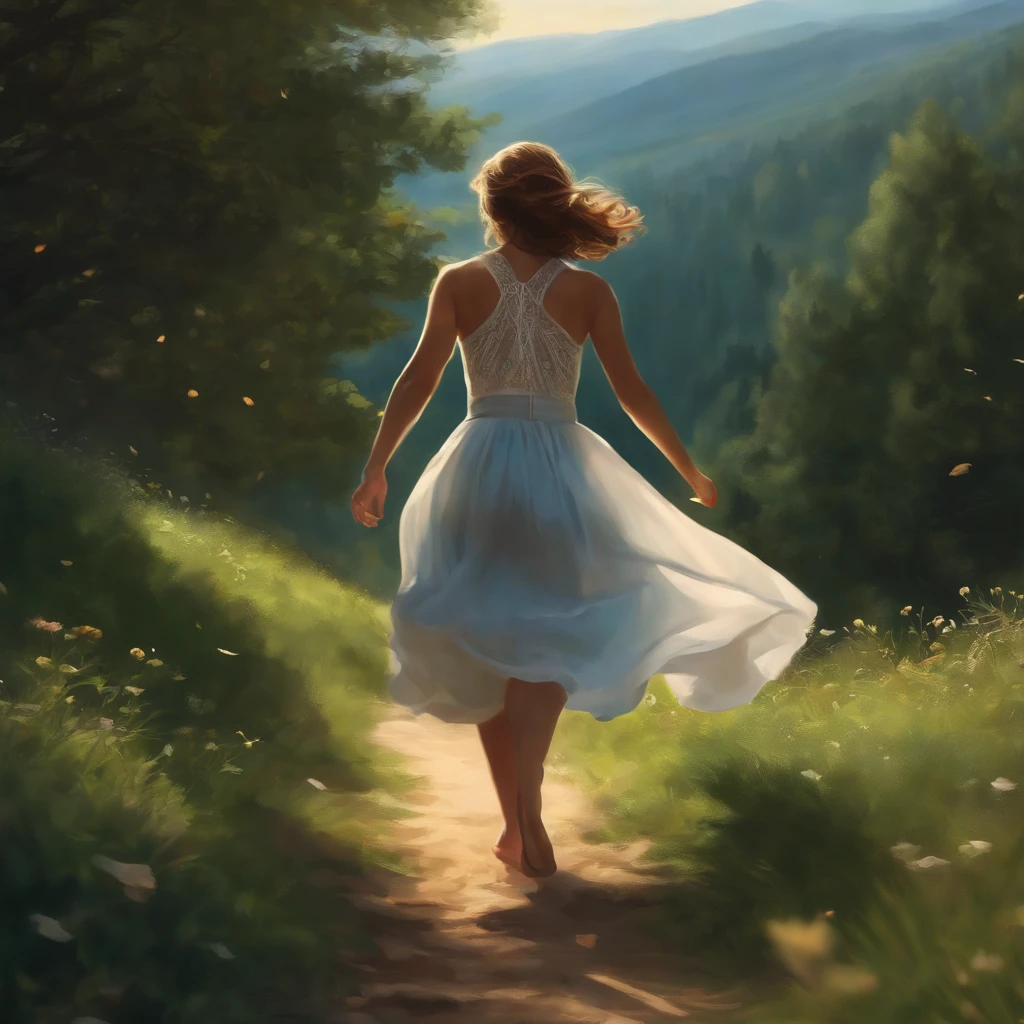 high resolution, (official art, beautiful and aesthetic: 1.2), close view, vast world, girl, running, refreshing smile, long skirt, distant horizon, forest, natural beauty, inspiration, light effect