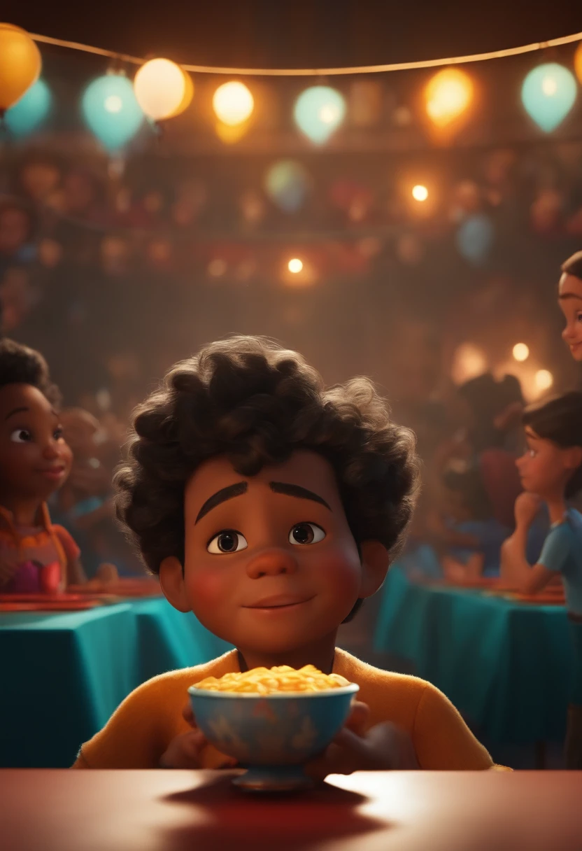 Um filme inspirado na Disney Pixar ( NEGRO JOVEM COM CABELO TOPETE E LISO PRETO) dentro A cena estar na arte distinta do estilo PIXAR, descolada e estilosa. DENTRO DE UM CIRCO