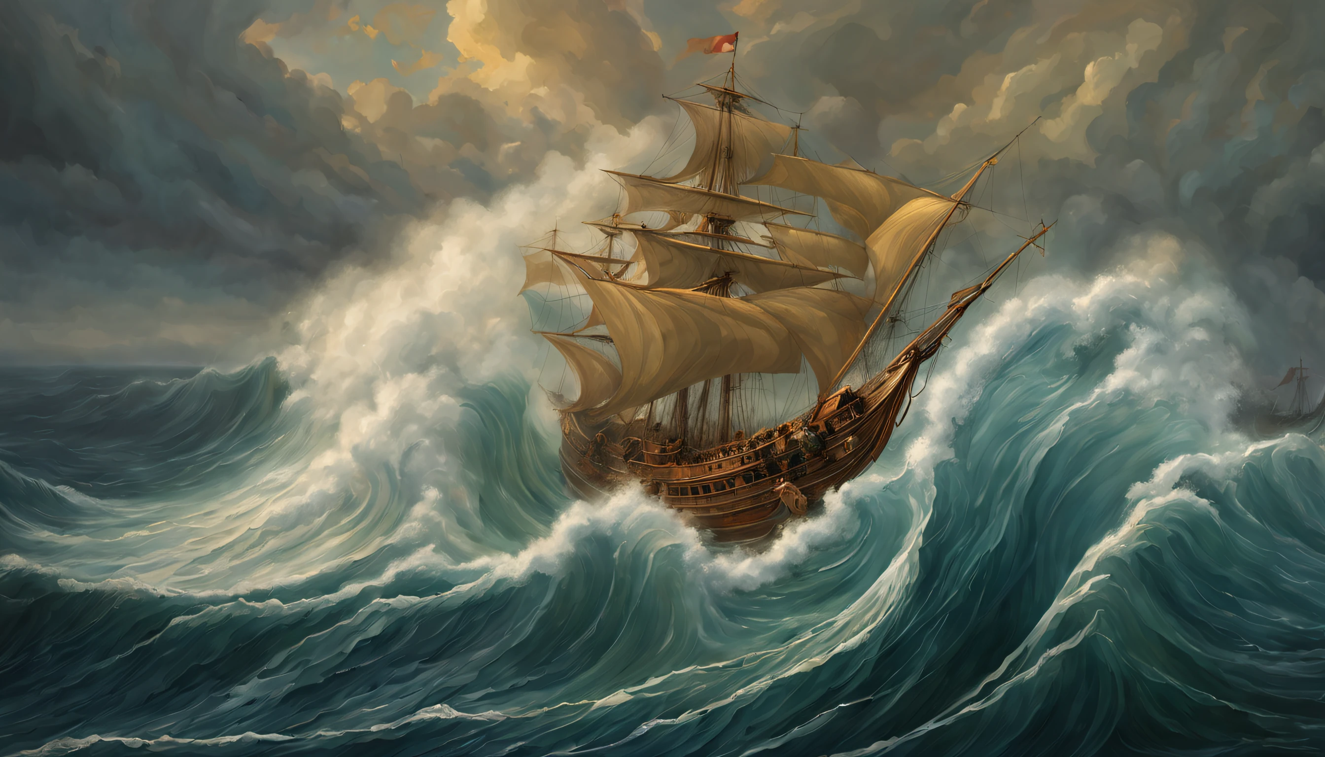 Em um dia chuvoso, uma tempestade se forma no oceano, com ondas imponentes e raios ardentes. No meio desse caos, Posseidon, o poderoso deus do mar, emerge das ondas, erguendo seu tridente. His perfectly symmetrical body and face embody divine majesty. The scene is a testament to the power of the elements, onde a natureza se curva perante o deus. A arte, em estilo da Vinci, captures the grandeur of a deity and the storm of his emotions, Sailboat in the middle of the storm, grandes velas