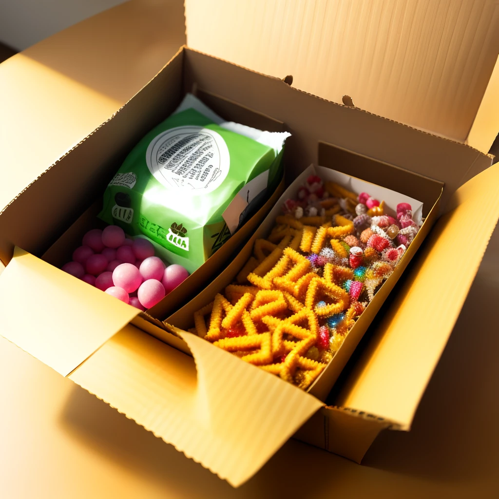 Mystery box candy and snacks inside in carton box