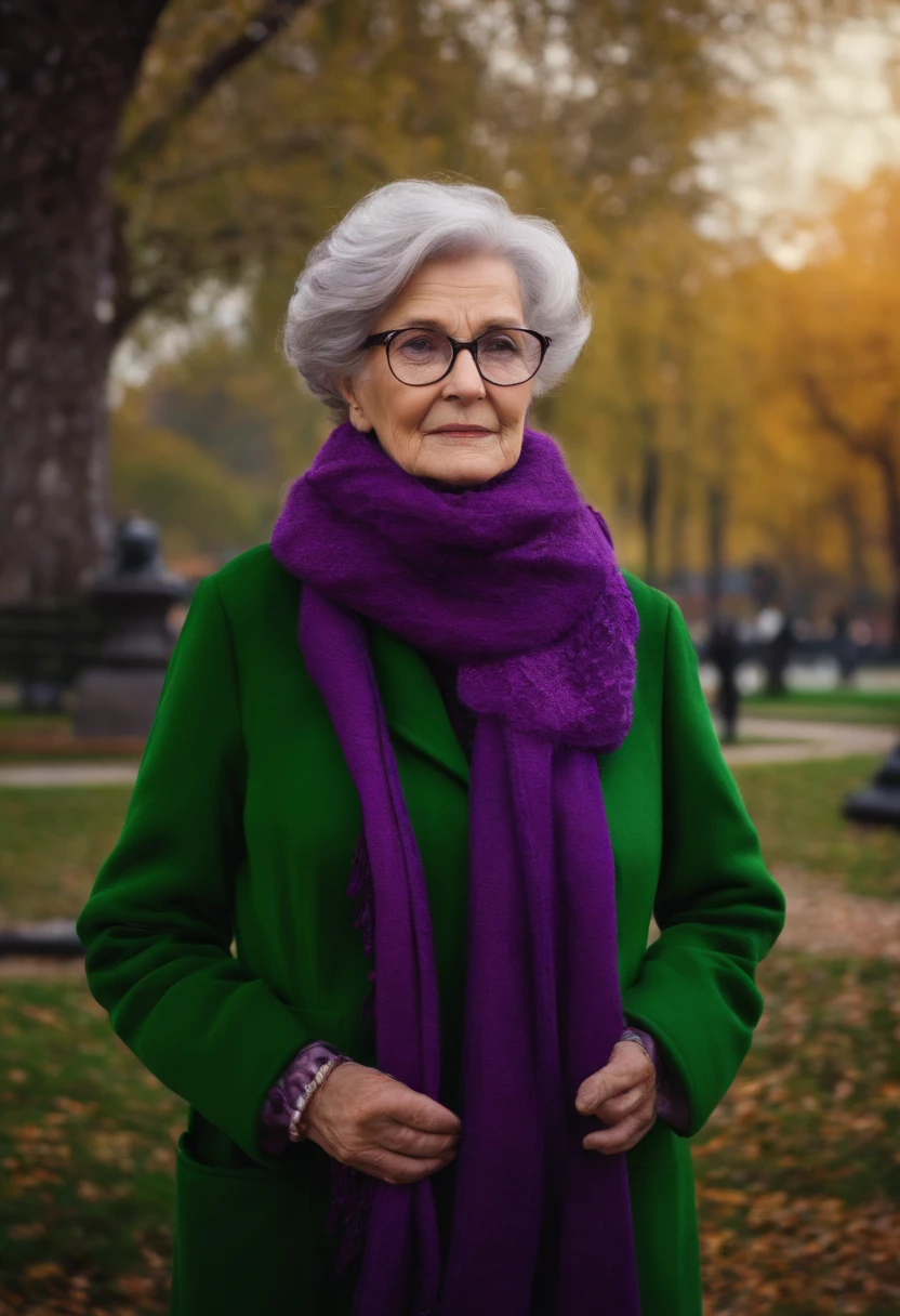 masterpiece, best quality, an old woman with glasses and a scarf on, wearing a purple coat and green scarf, standing at the park