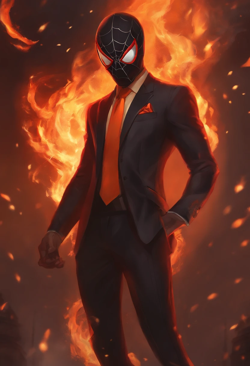 spidersona, fire-themed, suit with warm colors, black hair, Asian
