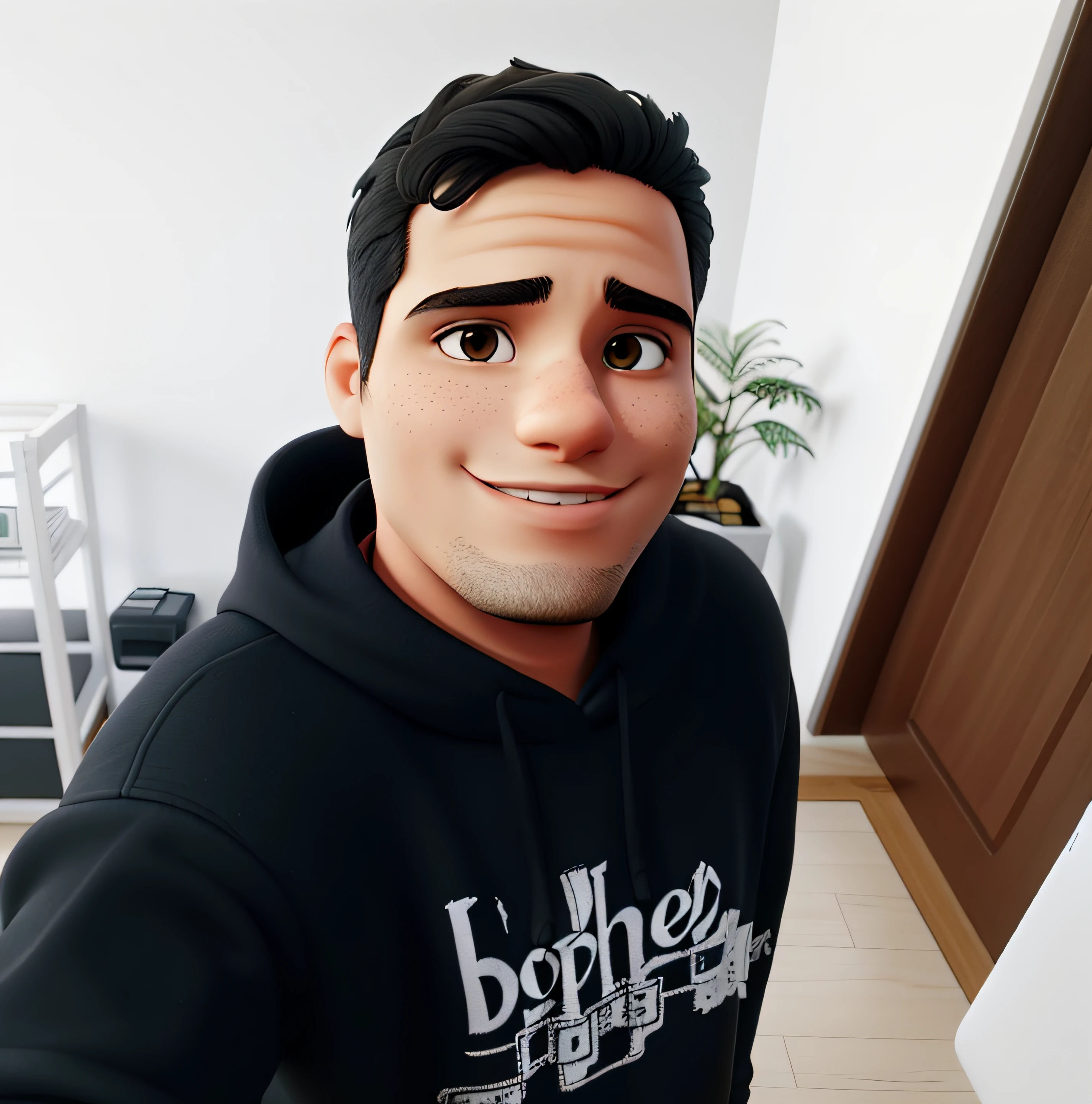 Um Jovem de 34 anos de moletom preto, com fundo de um setup gamer