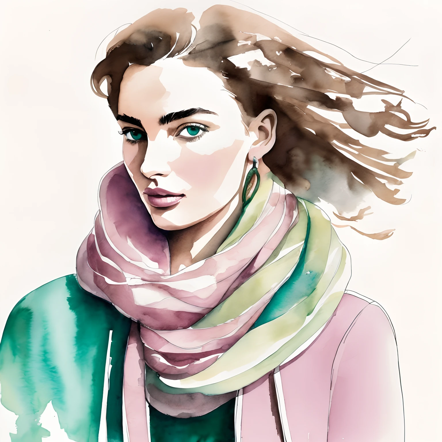 David Downton fashion illustration, line art and airy gentle watercolor drawing, blonde light brown hair woman 35 y.o, bob thin hair, profile, Andreea Diaconu, light pink lilac sweatshirt, blue leather jacket, green woolen knitted scarf, windy, creative, designer,