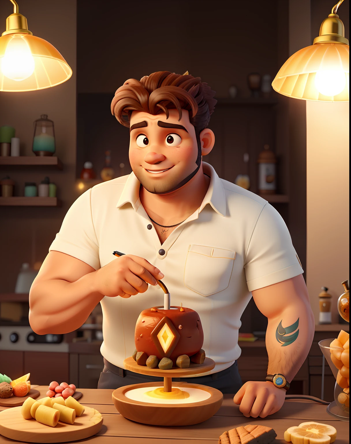 Um gordinho de cabelo cortado em volta de uma cadeira de barbeiroaltura de 1,70, illuminated by the light of a lamp, contra o pano de fundo de uma barbearia