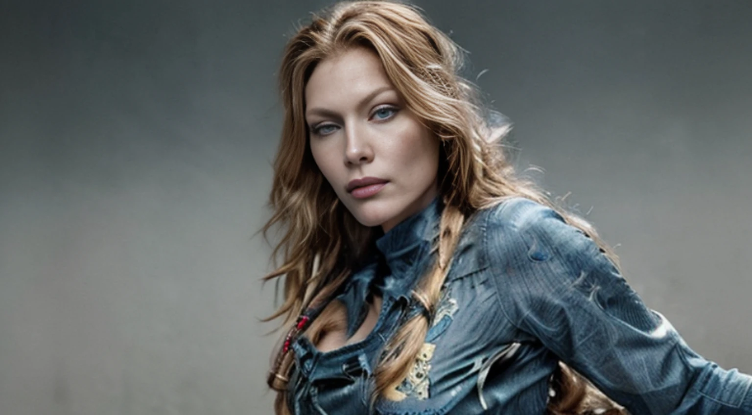 Alyssa Sutherland como uma ruiva MYTHOLOGICAL ELFA usando jeans ( tight jeans ), jaqueta blue jeans, detalhes dourados, longos braceletes, cinto vermelho, golden armlets, coxas torneadas, strong facial expression, look at the camera, olhos claros, Long red braided hair, ORELHAS DE ELFO GRANDES, Large elf ears joined from the head, ELF EARS clearly visible, orelhas de ELFO expostas sob os cabelos, Curvilinear athletic body, musculatura definida, Mulher Destemida, Body position of greatness, perspectiva de corpo inteiro, Vista lateral do corpo, castelo medieval, cavalo, Imagem 64K altamente detalhada
