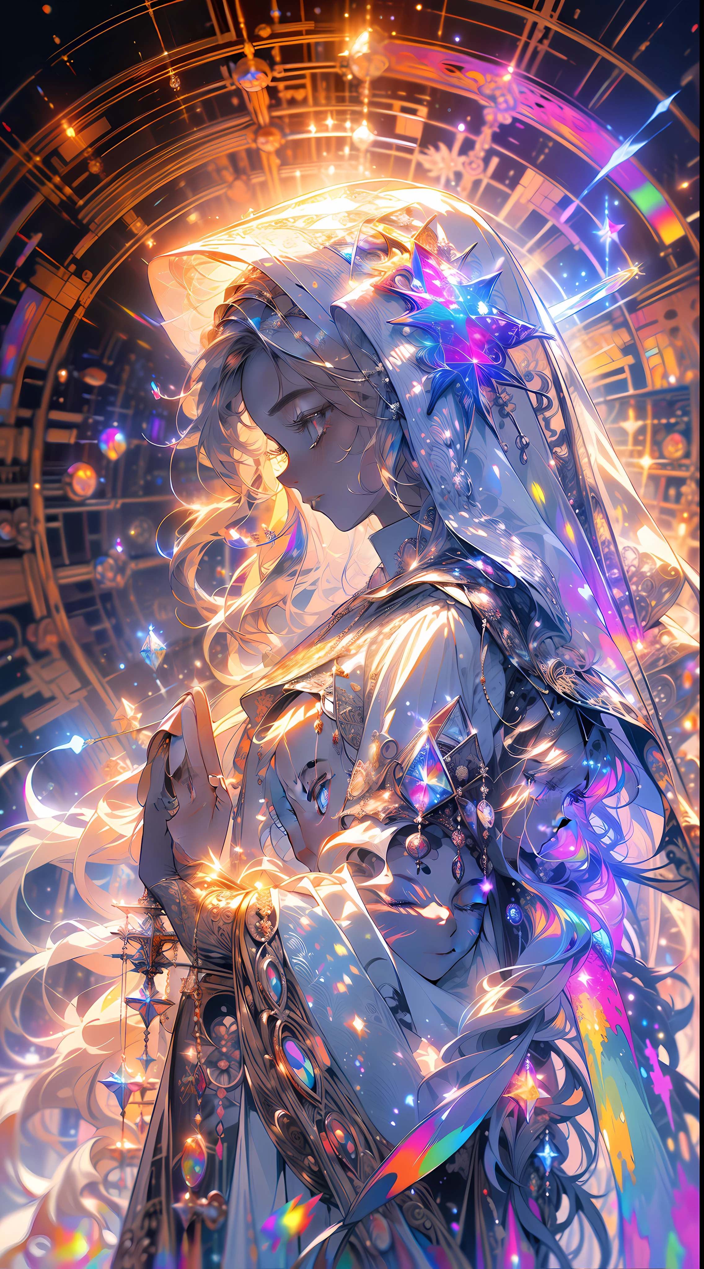 (masterpiece, top quality, best quality, official art, beautiful and aesthetic:1.2), (1girl), extreme detailed, (fractal art:1.3), colorful, highest detailed, perfect face, upper body, HDR, (praying:1.3), (white cloak golden lines:1.2), galaxy, (light streaks), striking visuals, (dynamic streaks, luminous trails:1.2), vibrant colors,