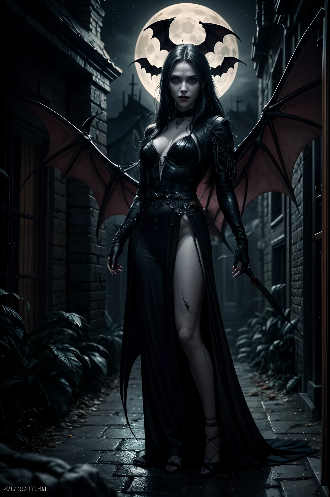 (a beautiful vampire, Tim Burton style),(full moon),(lots of small bats flying around),(full body),(blood on the face),(wings on the back),(dark fantasy),(smile that shows the fangs),(best quality,4k,highres),(ultra-detailed),(realistic:1.37),(HDR),(moonlighting),(physically-based rendering),(extremely detailed eyes and face),(long eyelashes),(night with dark tones),(sinister atmosphere),adding to the (sinister, seductive) nature of the character. The artistic style is a combination of (realistic, photorealistic) and (dark, surreal) fantasy elements, with (rich, vibrant) colors that evoke a sense of (mystery, intrigue) and (danger, excitement). The lighting is (subtle, dramatic), with (soft, ethereal) moonlight casting shadows and (mysterious, eerie) glow on the vampire's porcelain skin.